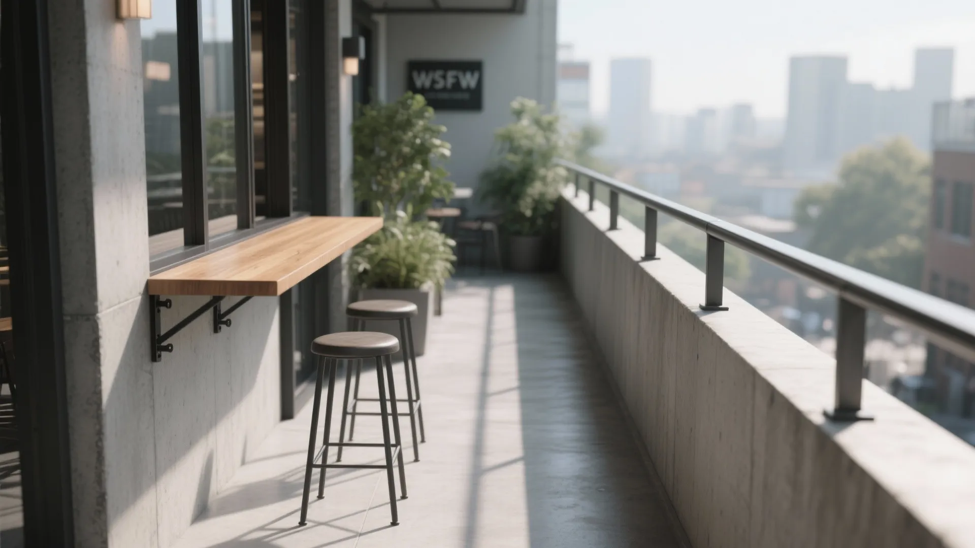 Outdoor balcony area with wooden wall bar table and two stools overlooking a city view