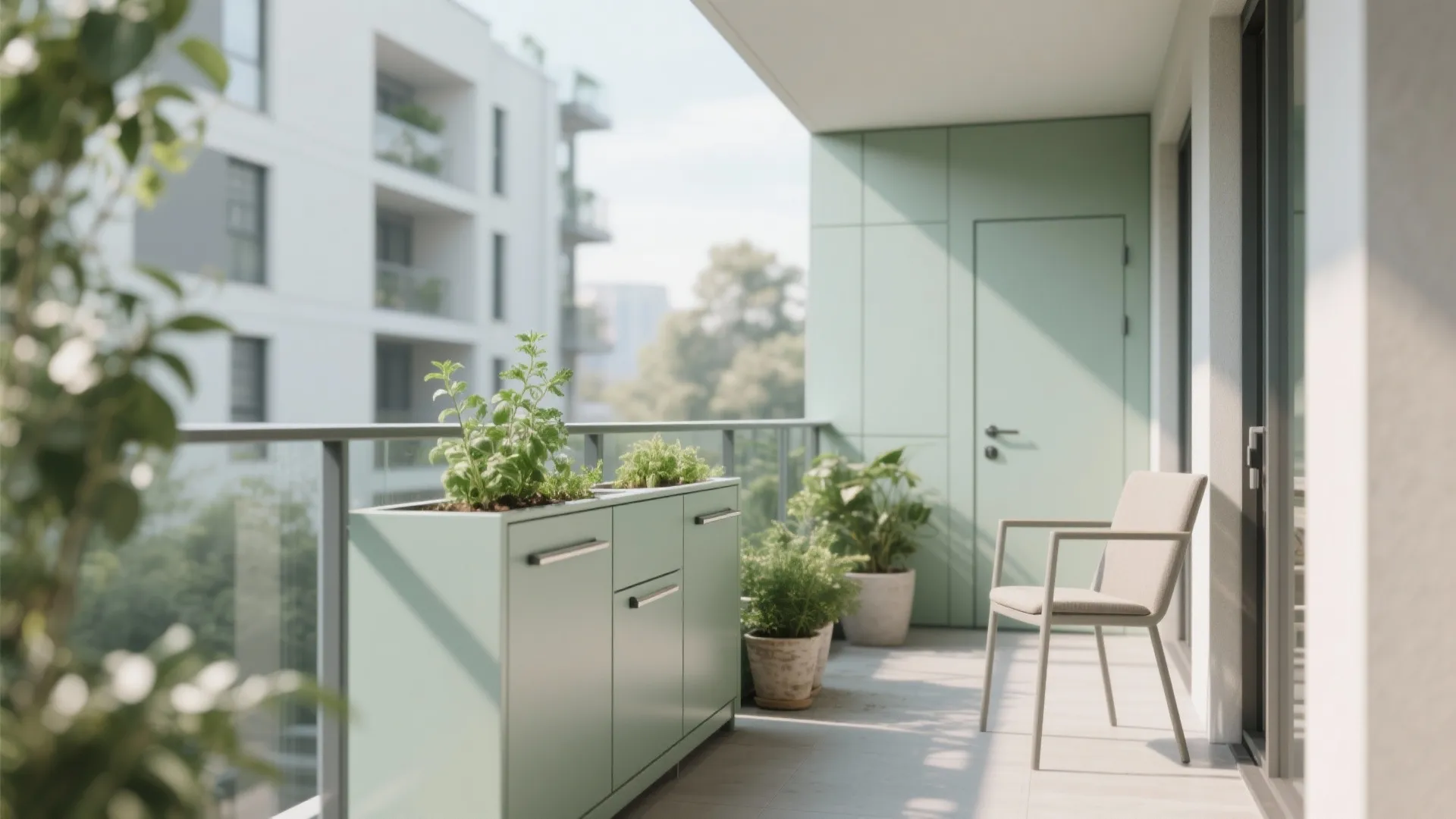 Slim cabinets and narrow planters along the rail