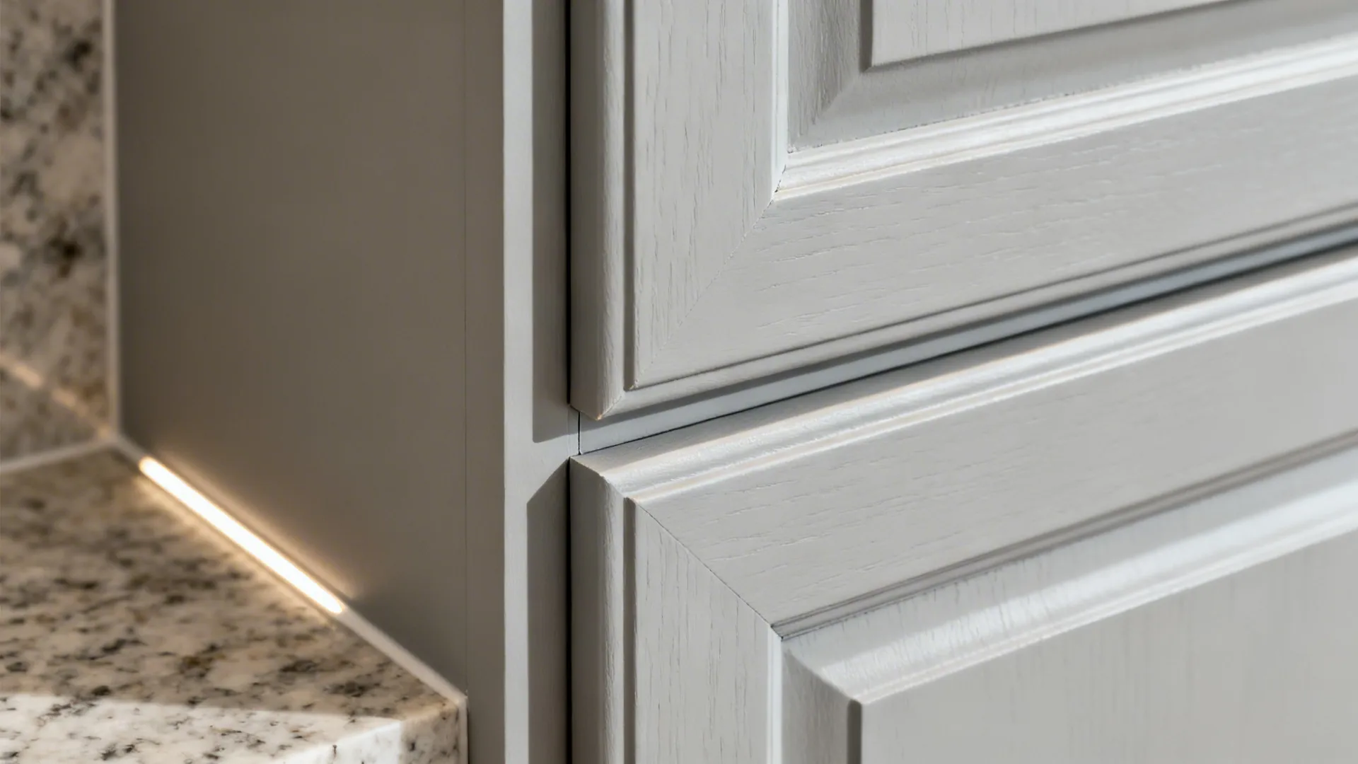 Close-up of slim cope-and-stick cabinet door with precise joints and even reveals.