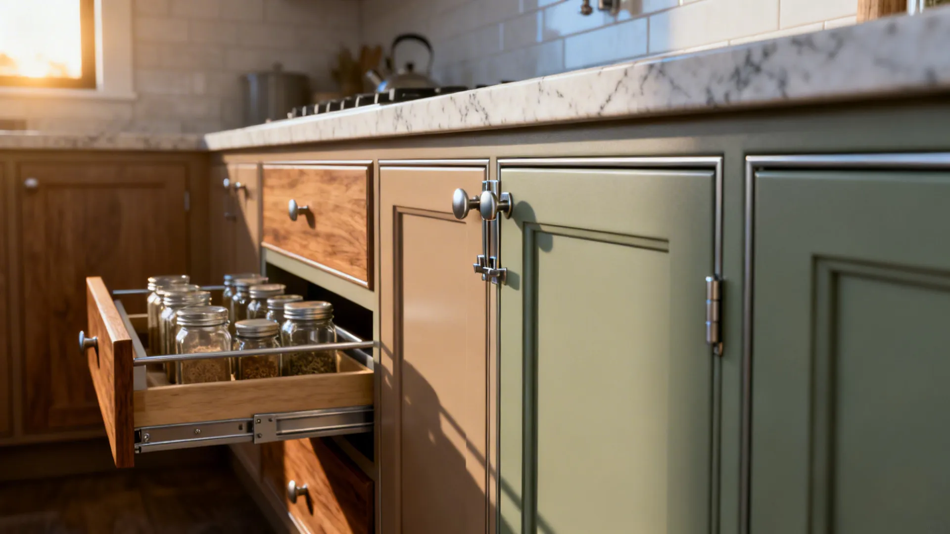 Close-up of open wooden kitchen drawer holding spice jars next to green cabinets and marble countertop