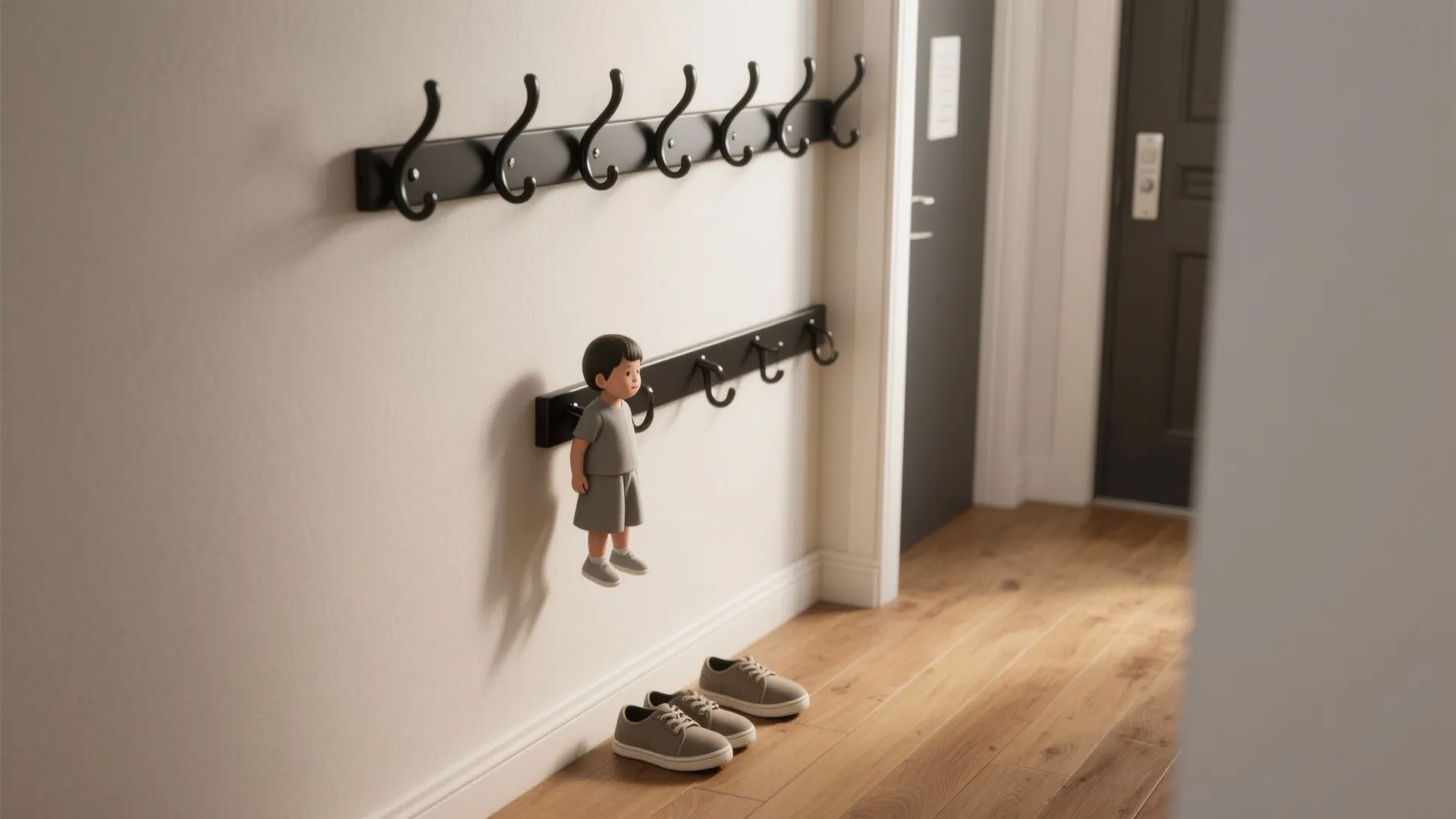 1. Slim wall-mounted rail with staggered hooks