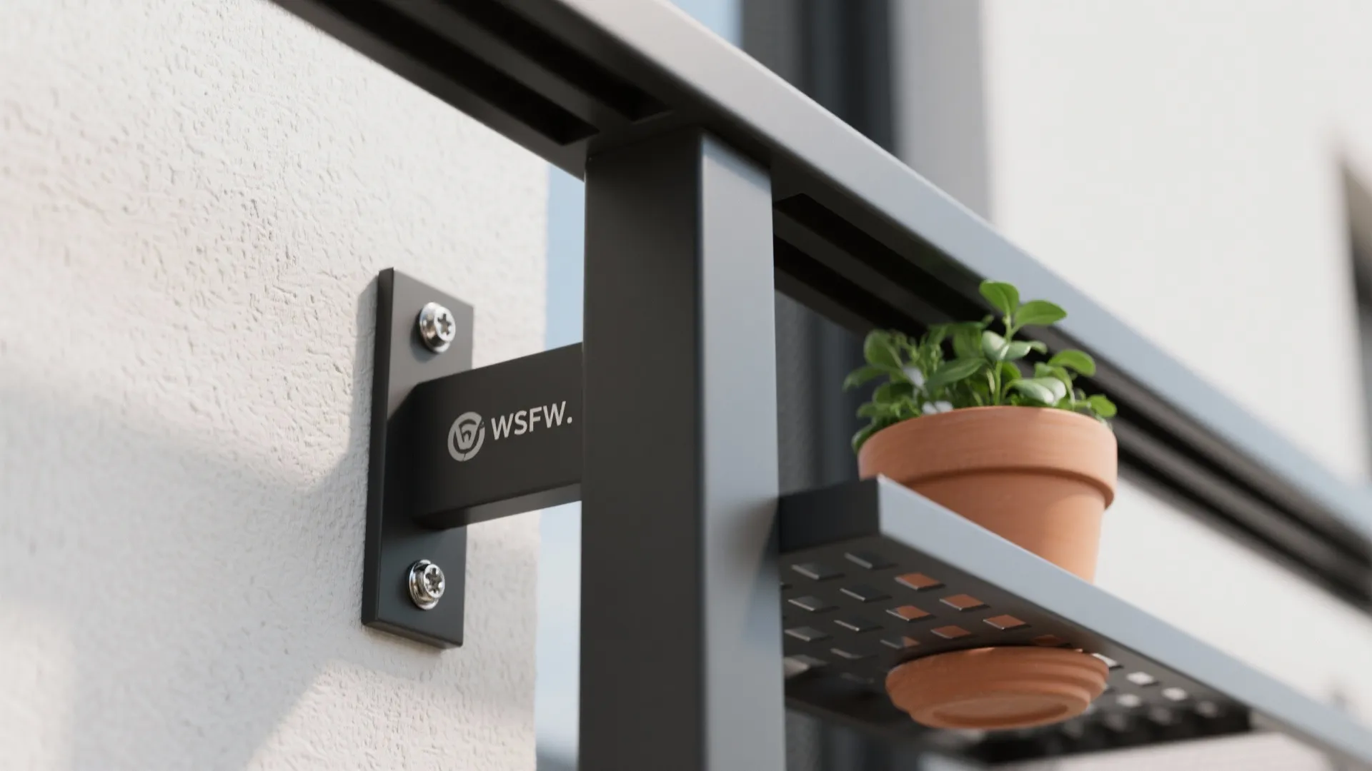 Macro of powder-coated aluminum shelf bracket with stainless screws and a small herb pot.