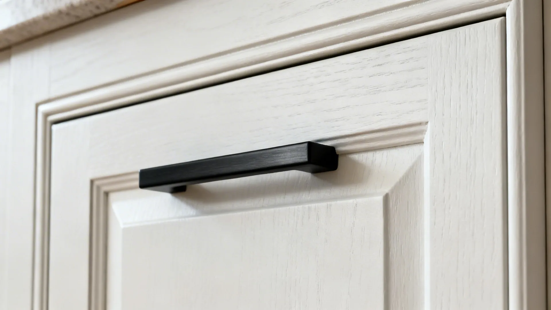Close-up of slim-rail Shaker door with matte finish and a slim black bar pull.