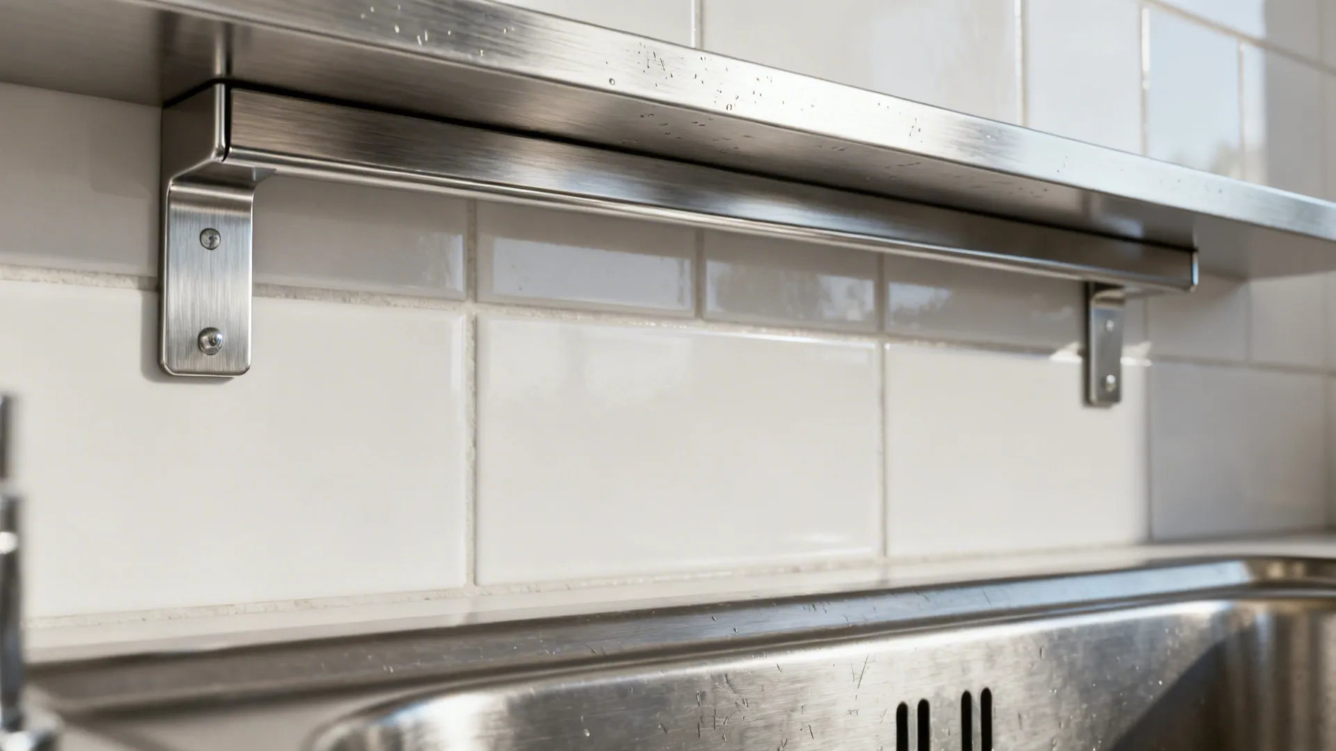 Macro view of a matte stainless rail and bracket mounted under a slim shelf.