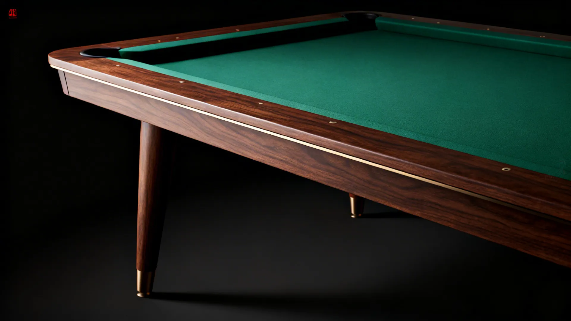 Close-up of a slim rail and tapered leg on a 7-foot pool table showing scale and detail
