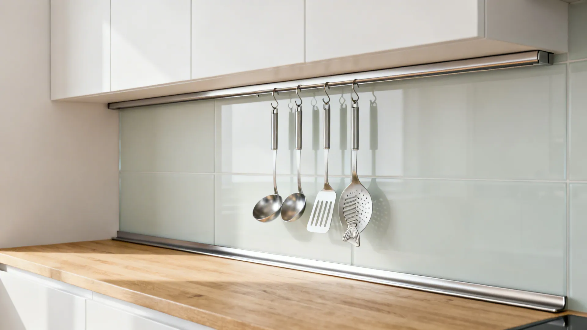 Slim stainless rail under wall cabinets with S-hooks holding three essential utensils.