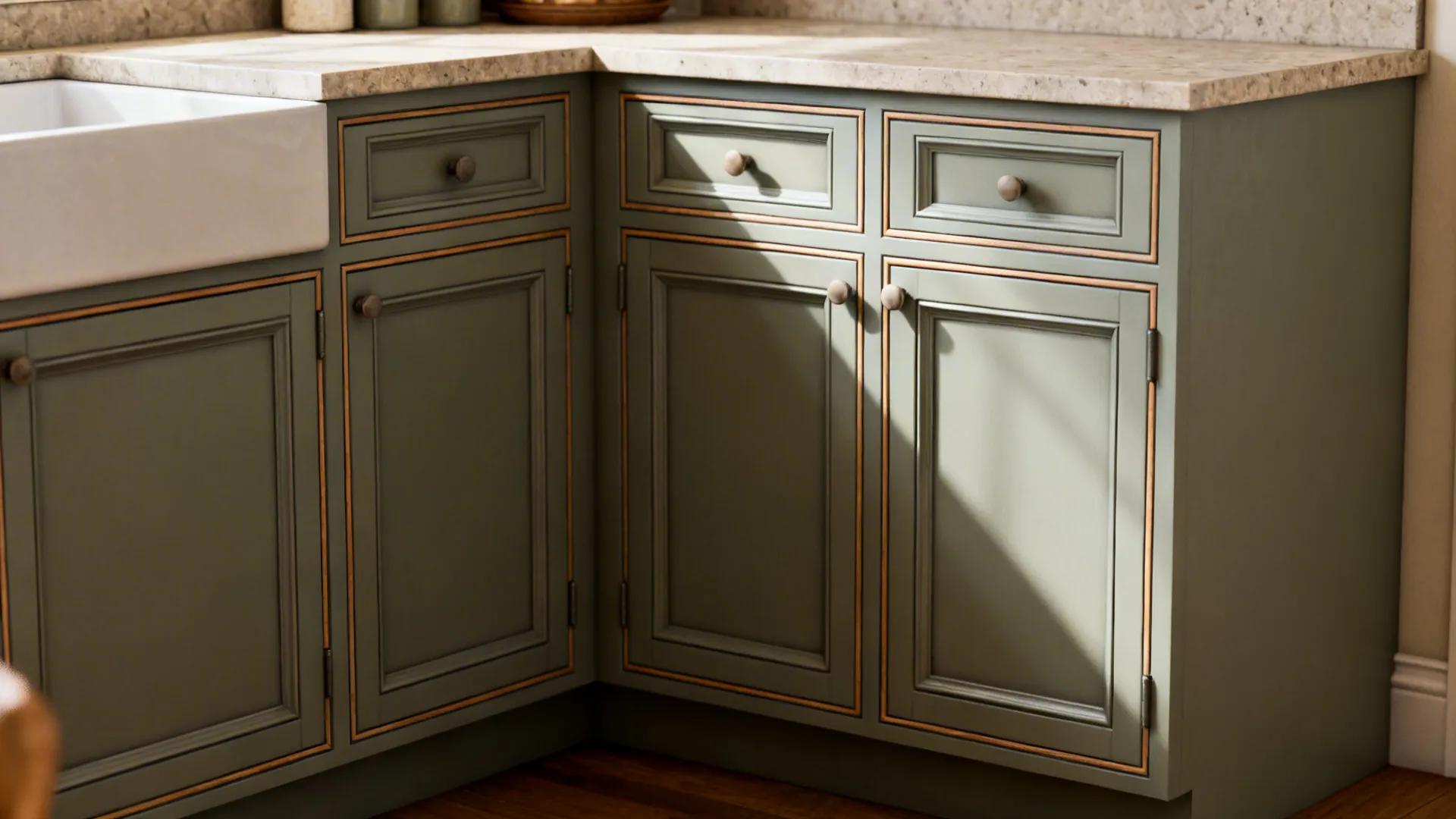 Small kitchen with soft gray-green Shaker doors using slim rails and concealed hinges.