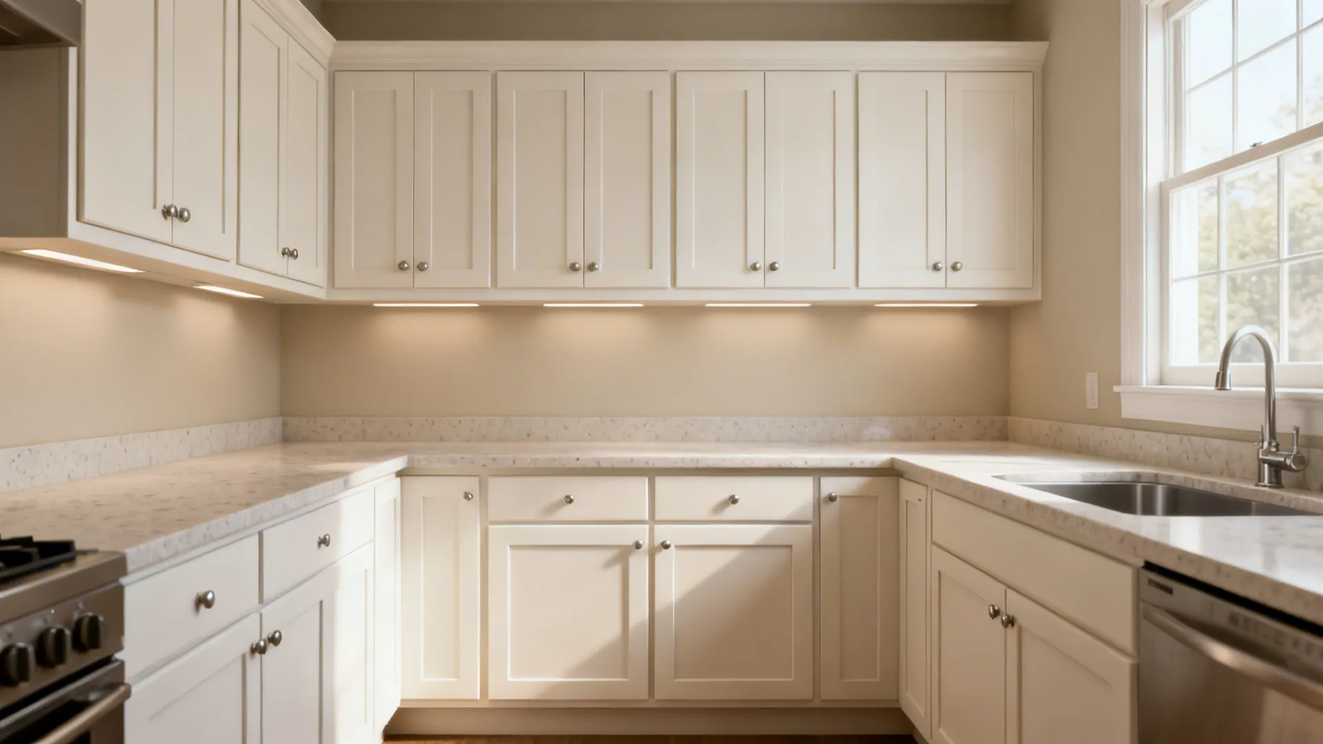 Warm white slim-rail Shaker kitchen cabinets with recessed panels and soft shadow lines.