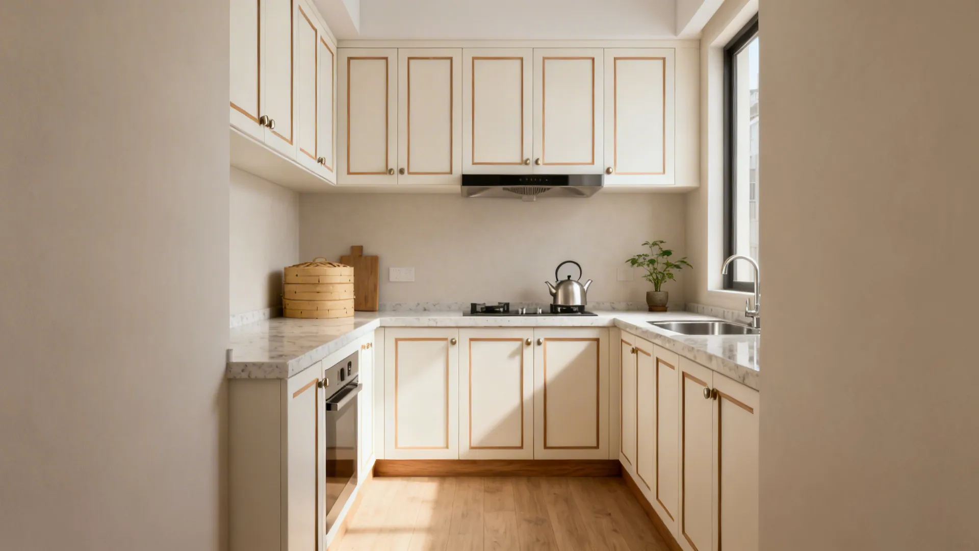 Minimalist slim-rail Shaker cabinets in a small L-shaped kitchen with airy off-white fronts.