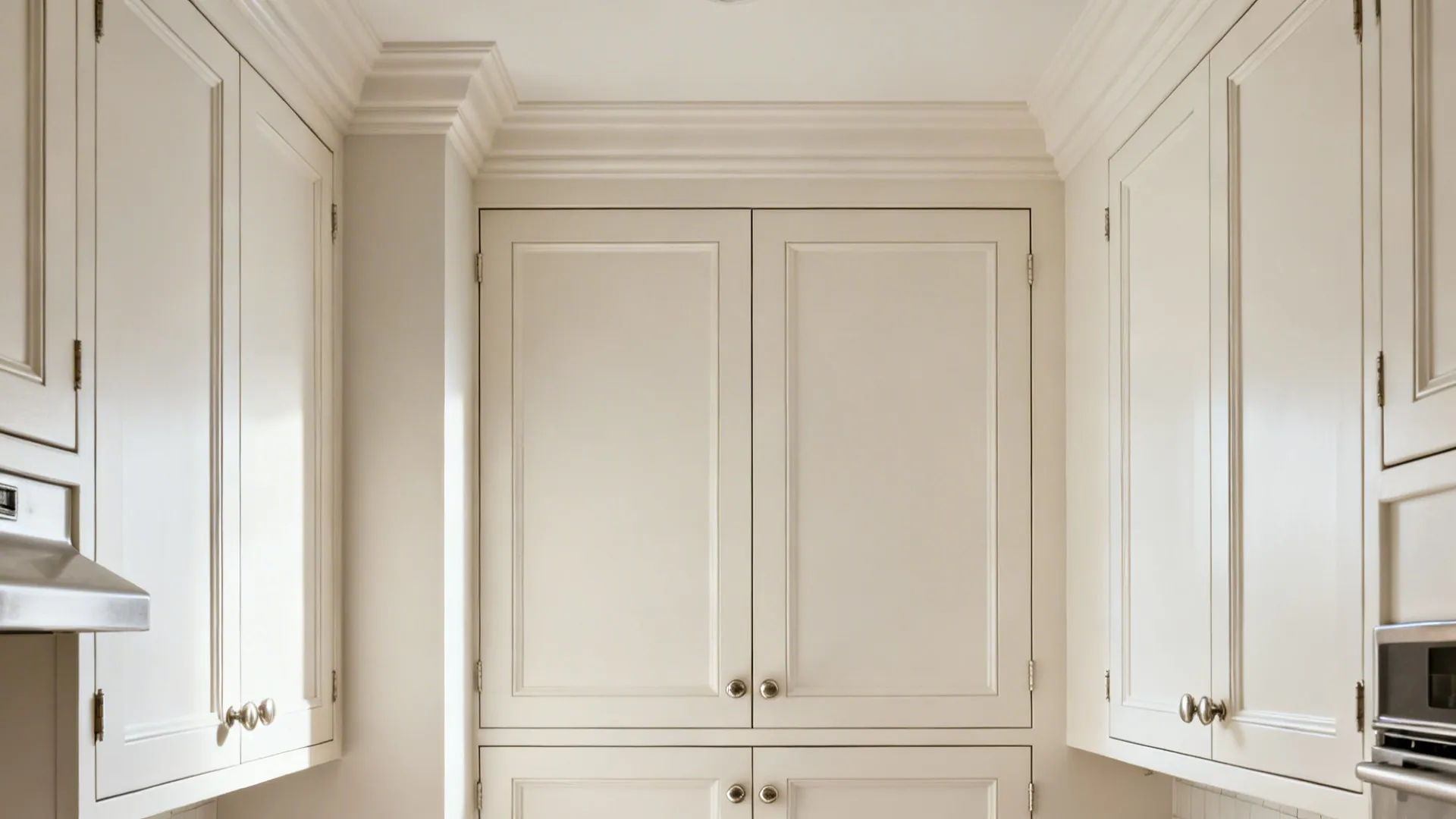 Narrow kitchen with slim-rail Shaker cabinet doors in warm white and simple brushed hardware.