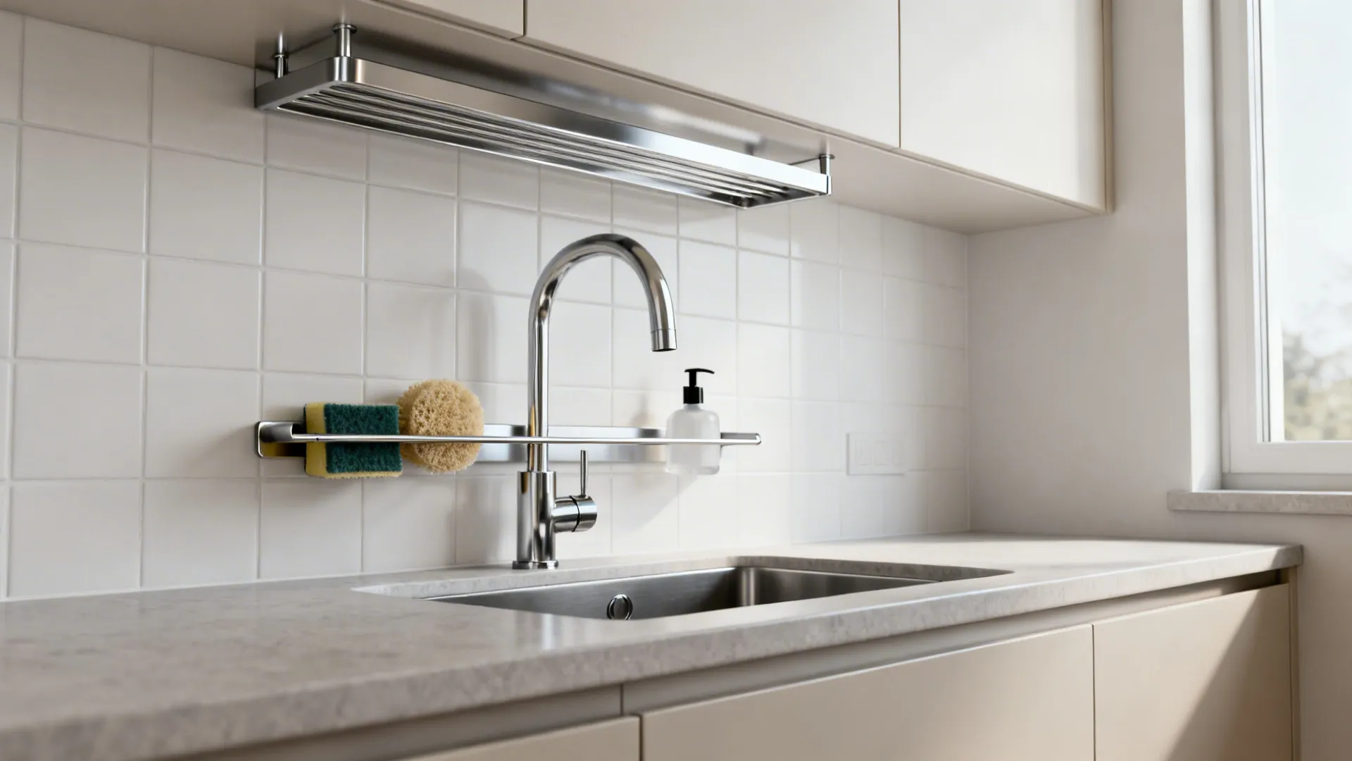 Slim stainless over-sink shelf with a narrow rail organizing small cleaning items.