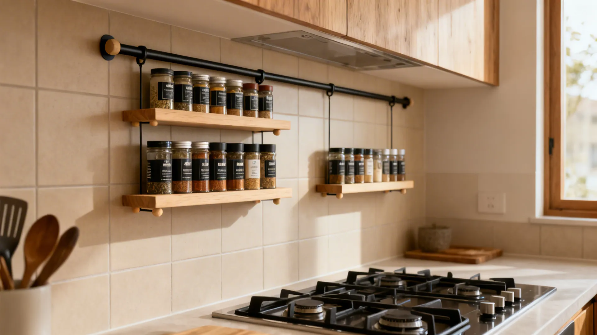 Slim birch rail-mounted spice rack along a backsplash with labeled jars.