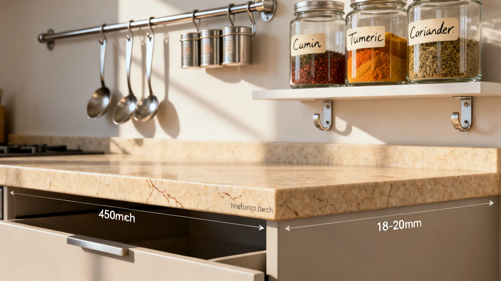 Close-up of slim quartz counter with wall-mounted rail and spice jars in a small Indian kitchen.