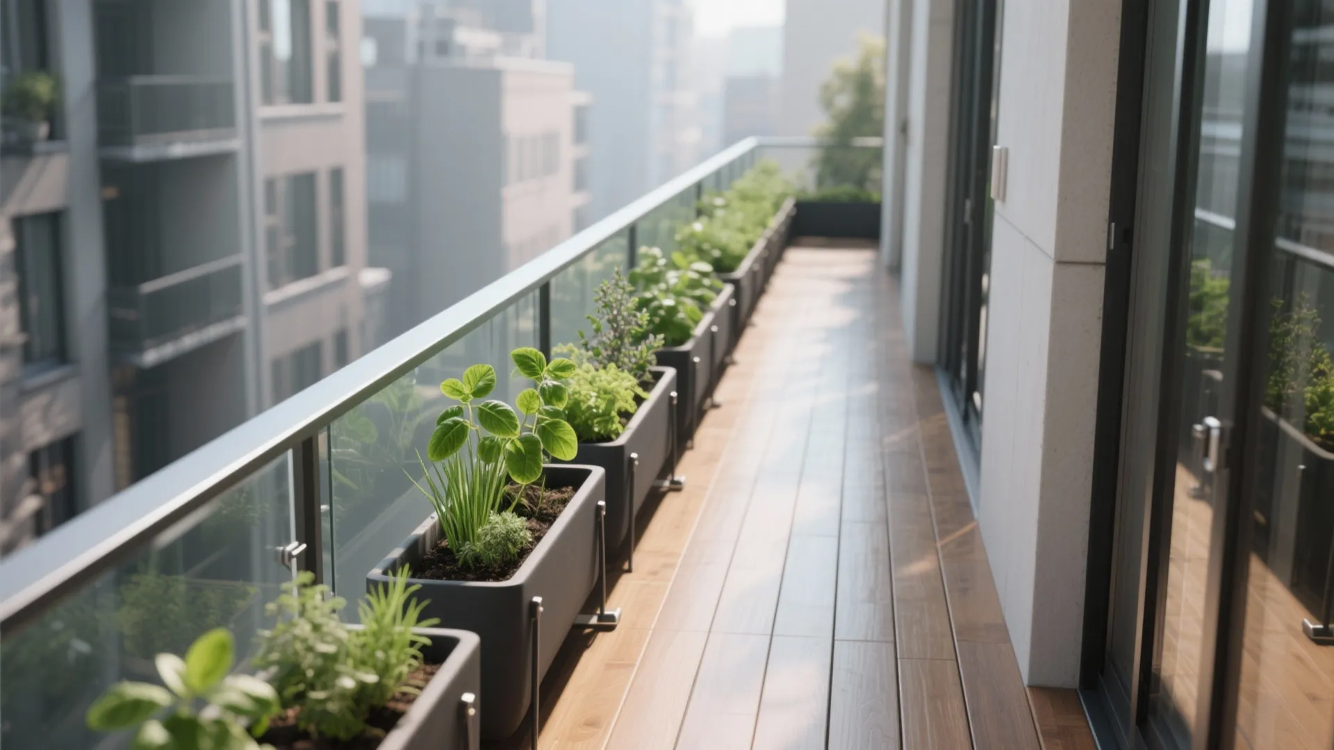 Narrow apartment balcony with wooden floor glass railing grey flower boxes and green leafy potted plants