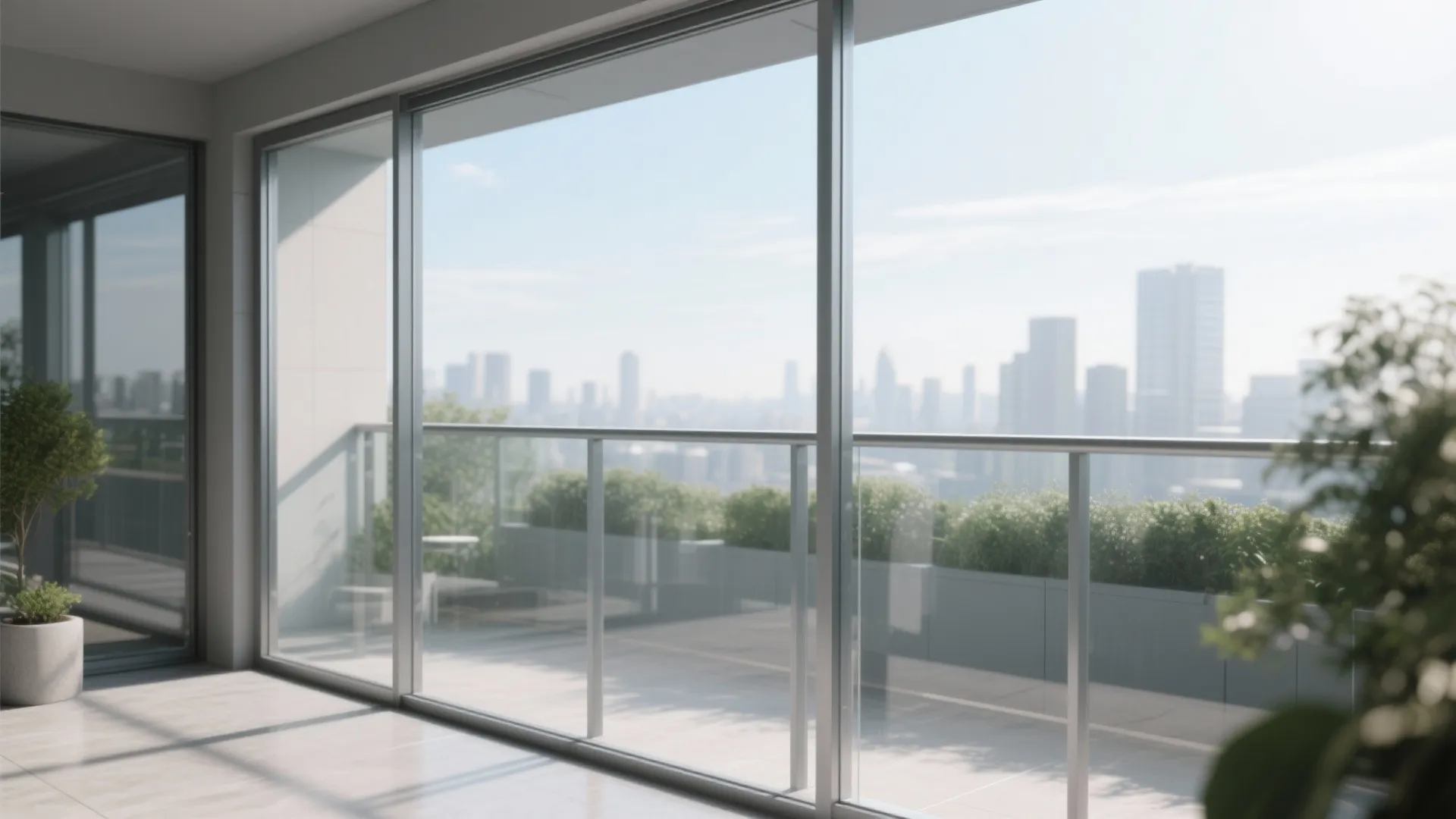 Modern balcony with slim metal handrails glass panels and large sliding windows overlooking the city skyline
