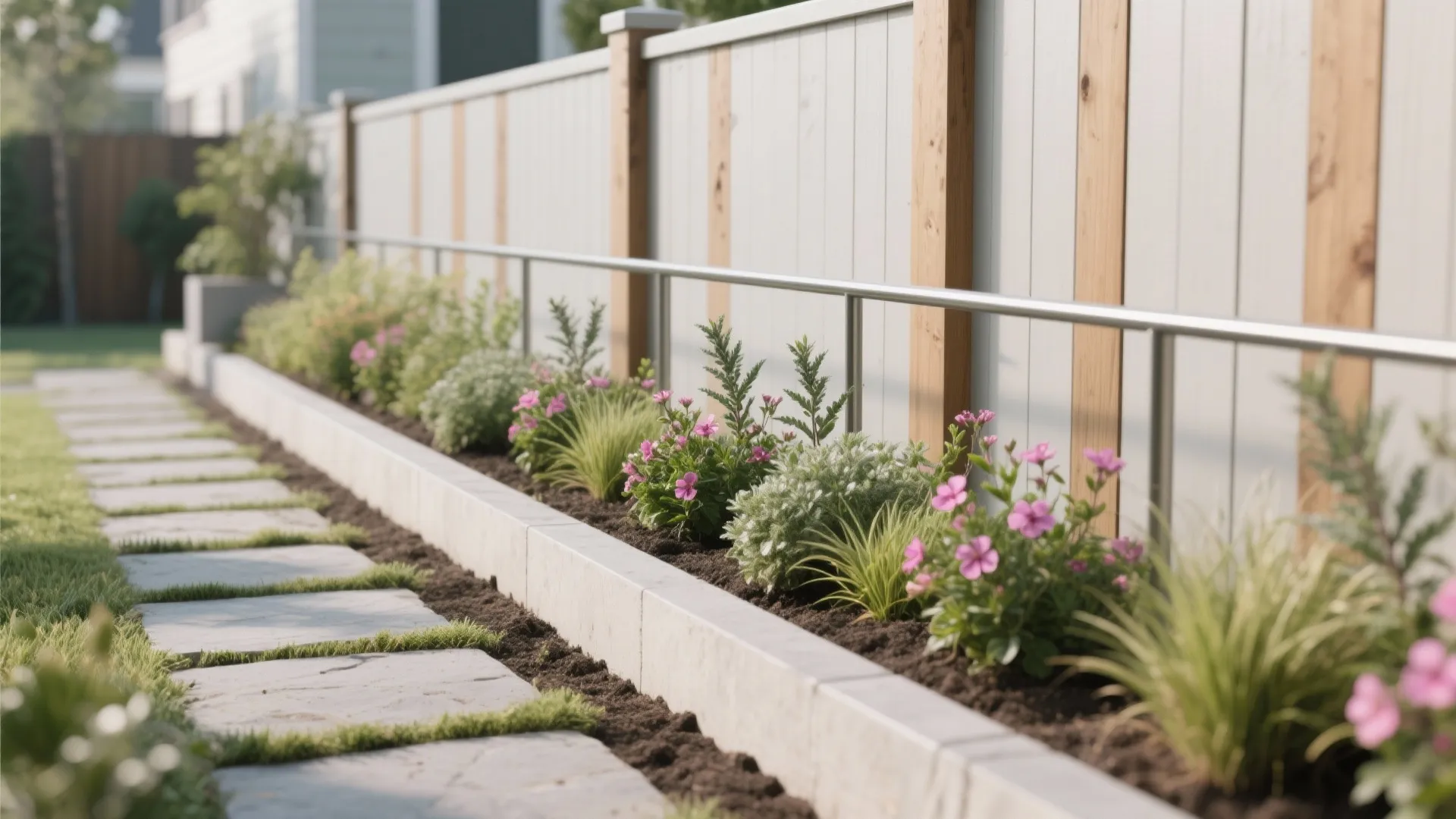 Modern garden path with stone pavers next to a raised flower bed and wooden fence
