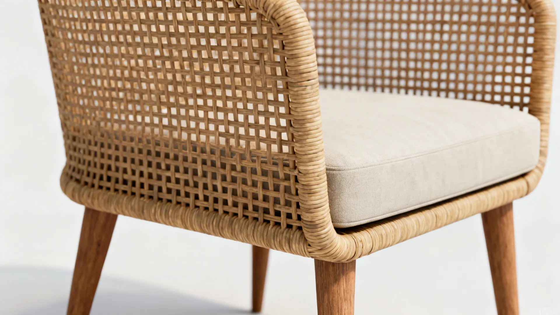 Close-up of a slim-profile rattan armchair with tapered legs and medium-firm cushion.
