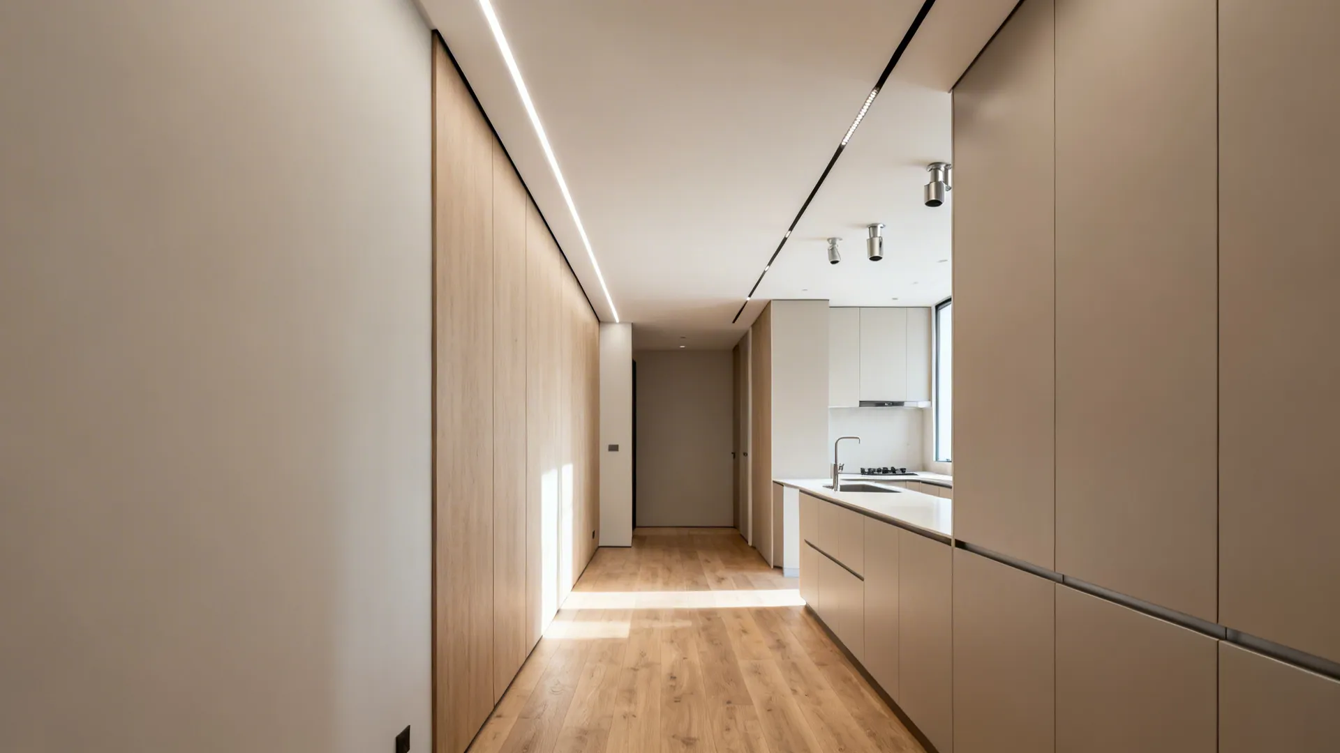 1) Slim recessed grid for unified kitchen–hall flow