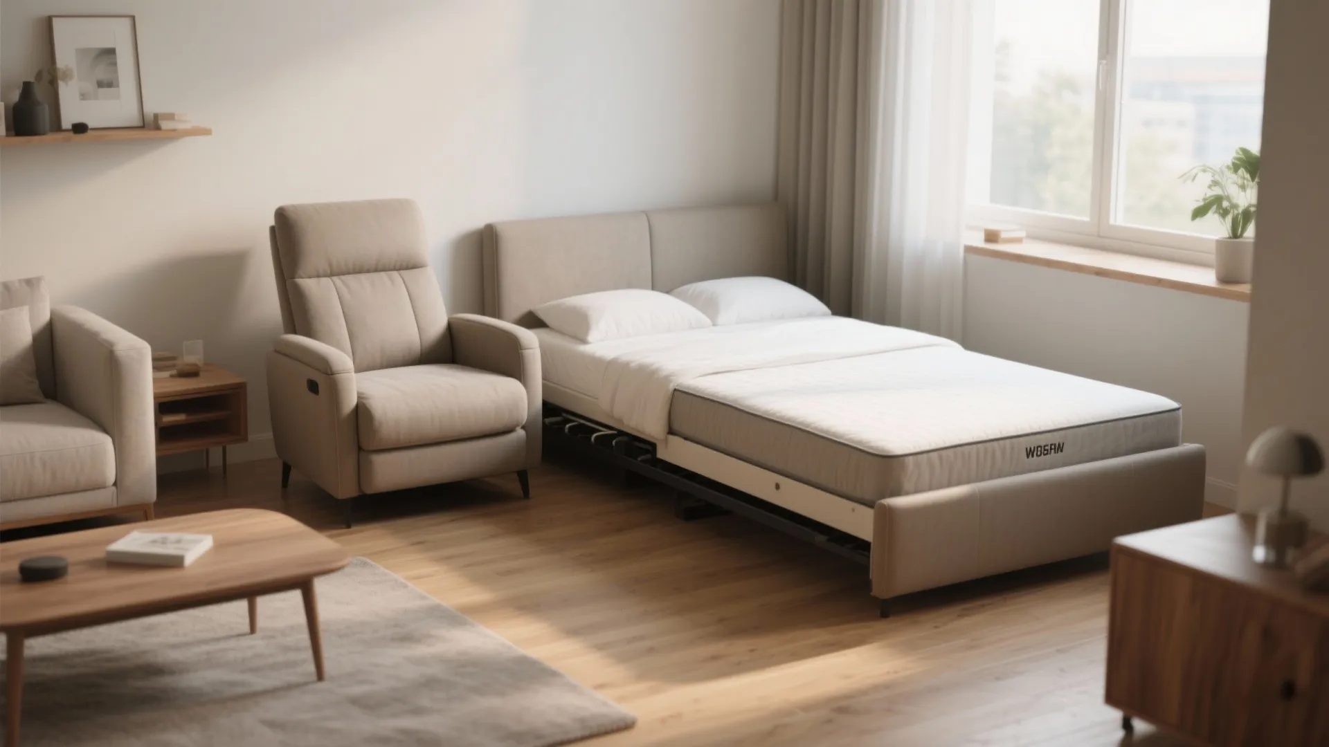 Modern living room featuring a beige sofa next to a comfortable pull out guest bed