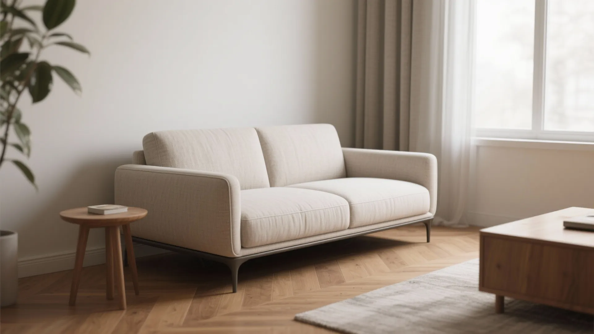 Modern cream sofa in a living room with wooden floors near a window and side table