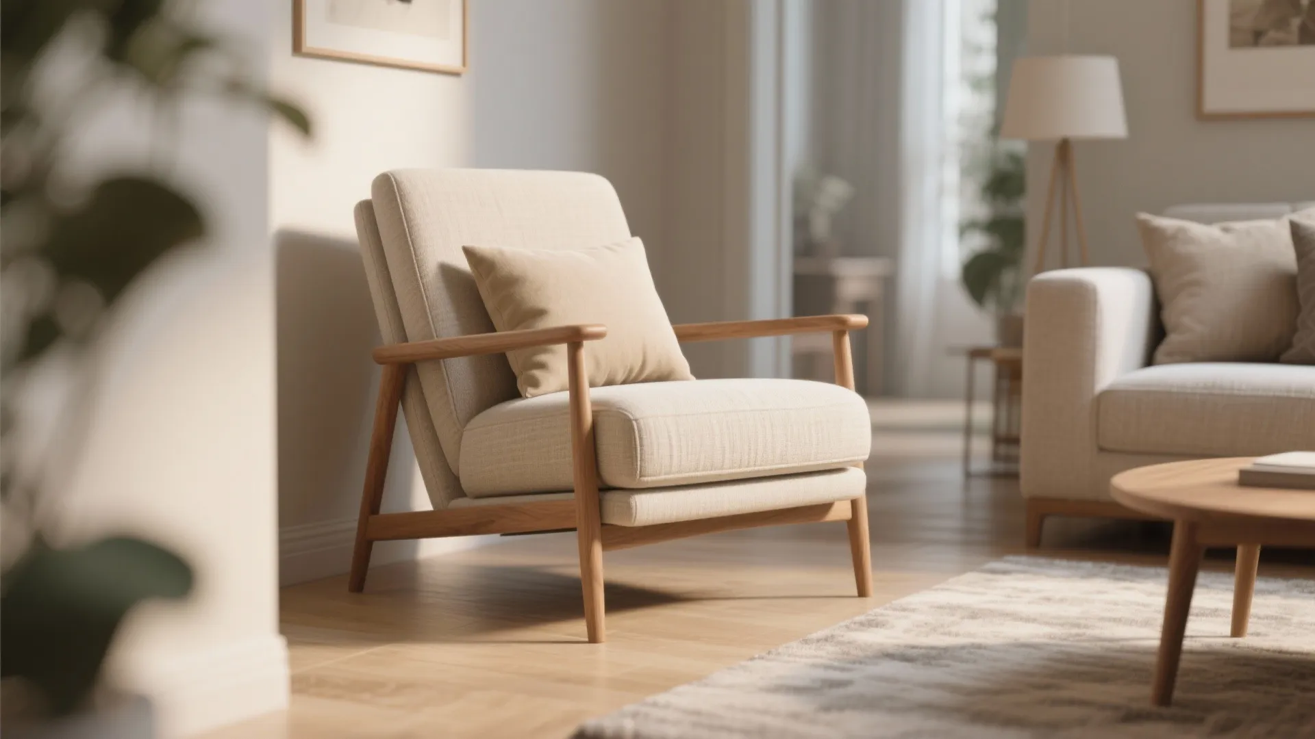 Beige armchair with wooden arms and pillow in a bright living room with floor lamp