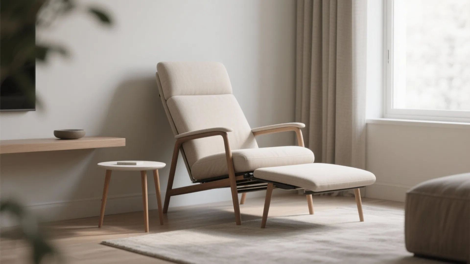 Modern cream sofa with wooden frame next to a small white side table and window