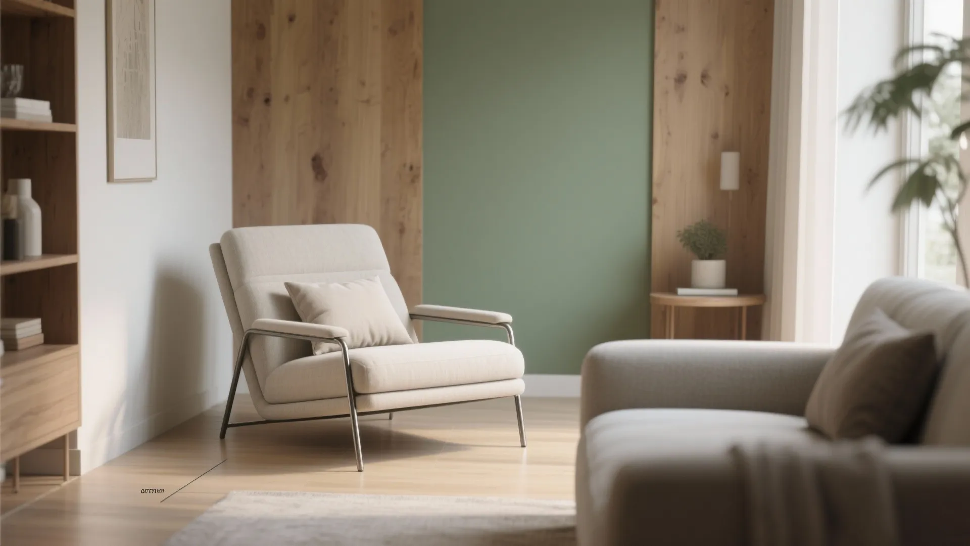 Modern beige chair in living room with green wall panel wooden wall and wood bookshelf