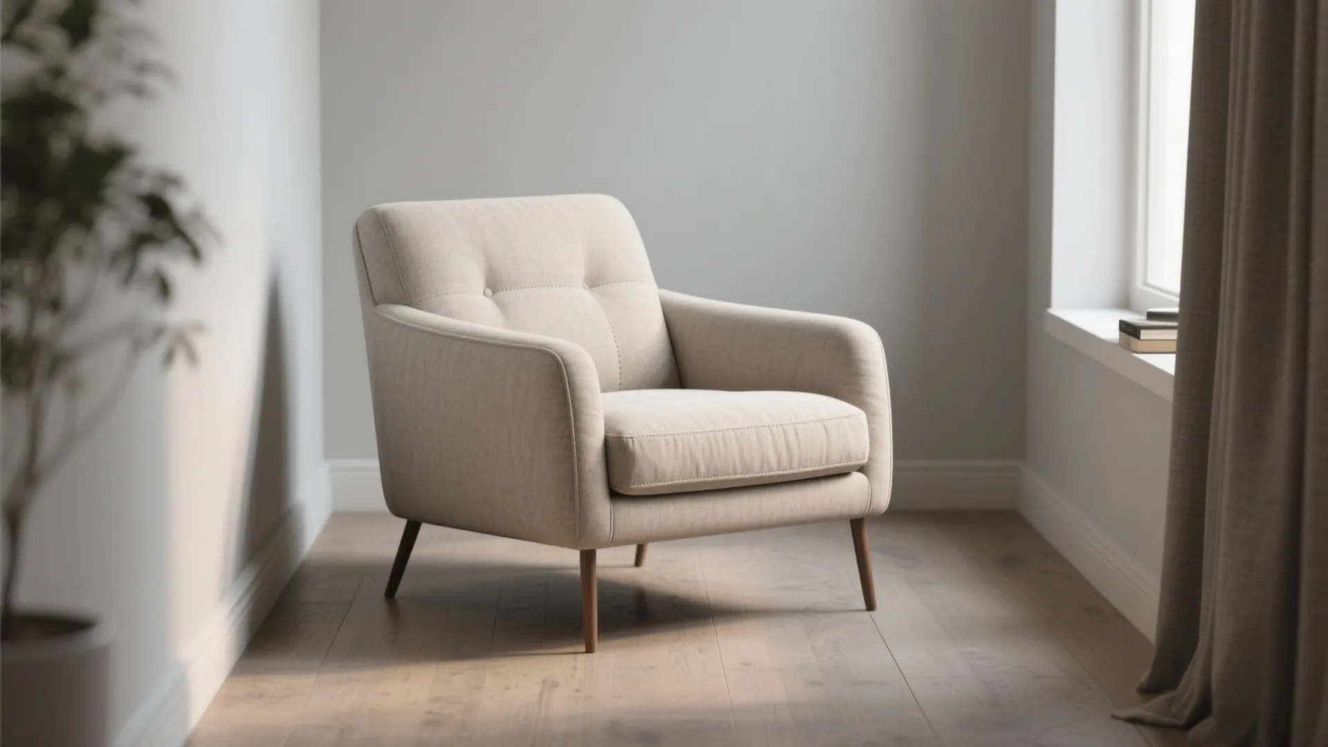 Minimalist beige armchair with wooden legs placed on light wood floor next to a bright window