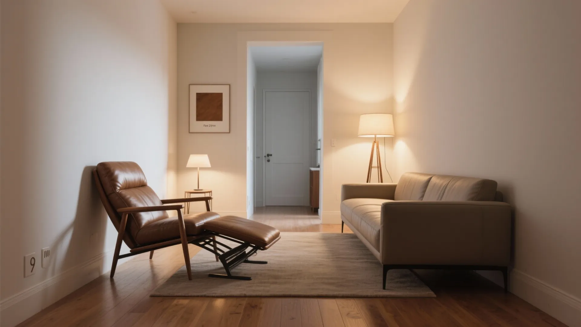 Small living room featuring a brown leather recliner sofa and a floor lamp with warm lighting