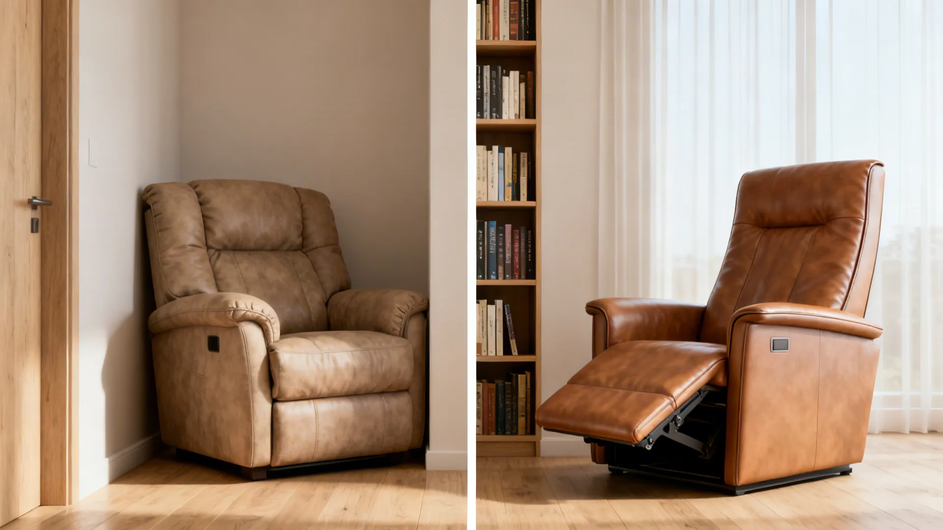 Before-and-after showing bulky recliner replaced by a slim-profile leather recliner fitting beside a narrow bookshelf