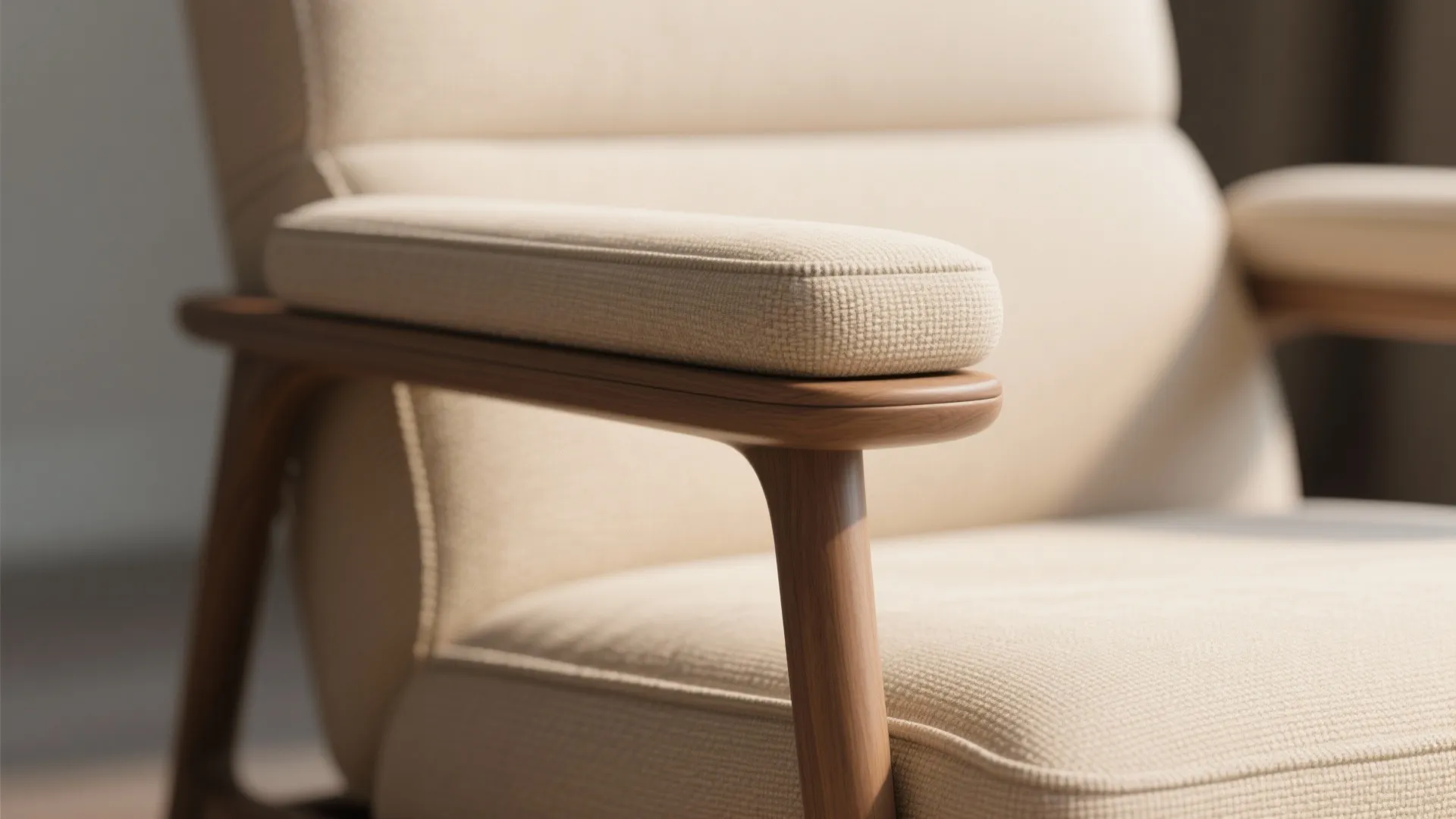 Close up view of a modern sofa armrest made of light wood and beige fabric