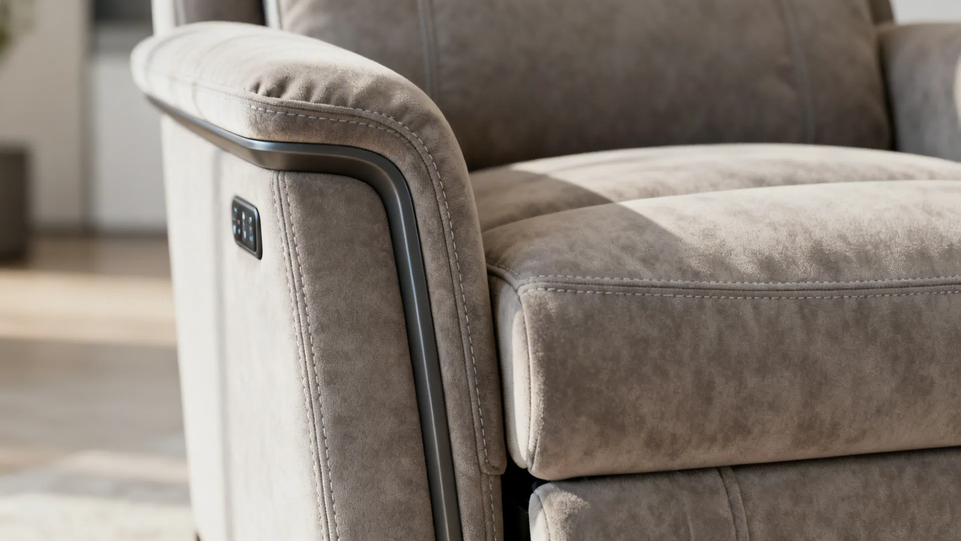 Close-up of slim recliner arm and power controls on microfiber upholstery.