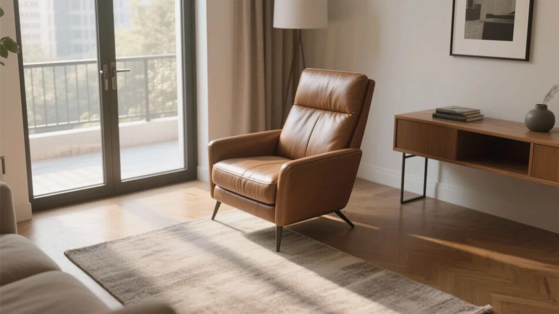 Brown leather chair in a bright living room with wooden cabinet rug and floor lamp
