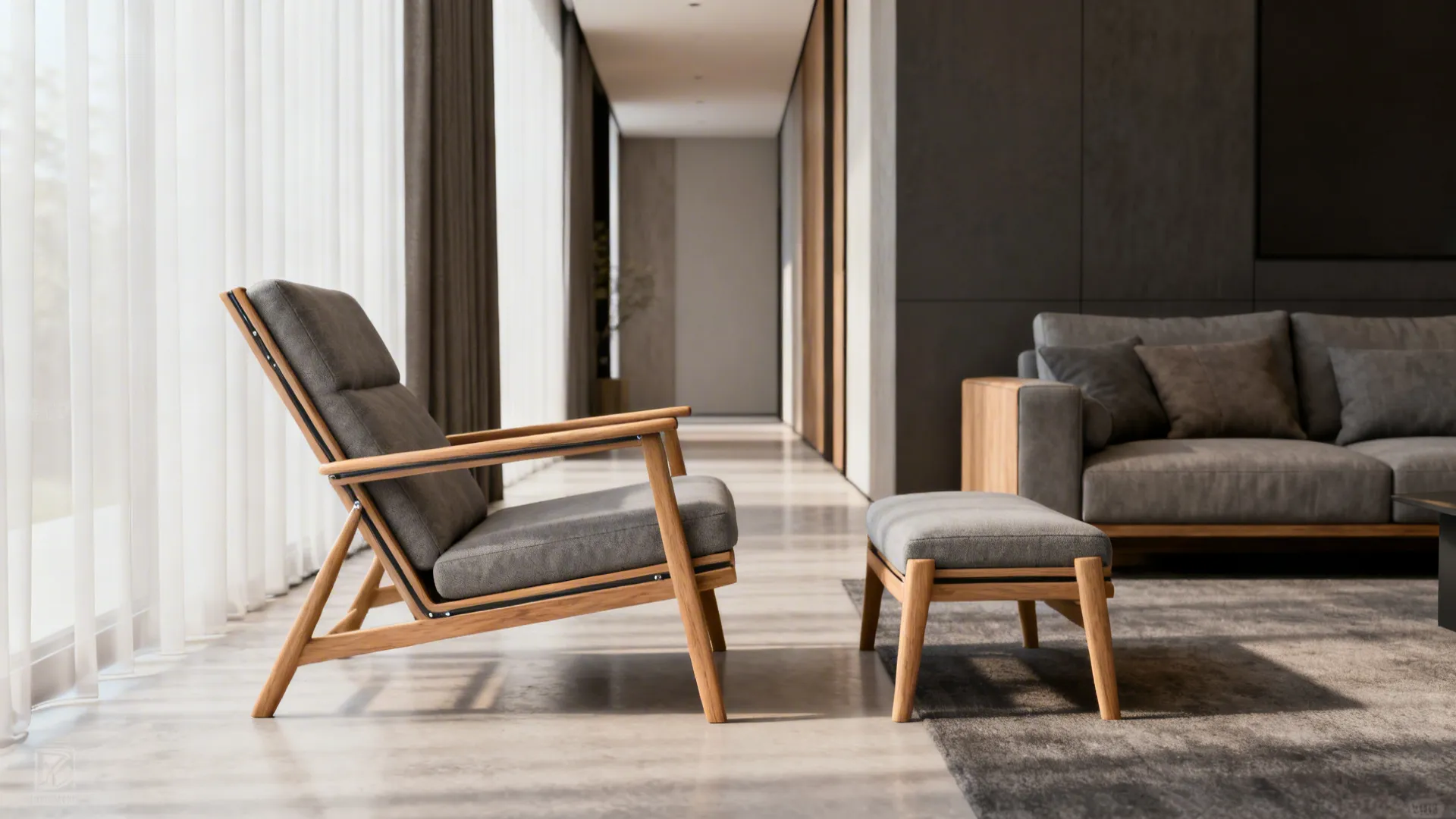 Slim-profile reclining set in a narrow living room with clear pathways and light wood floor