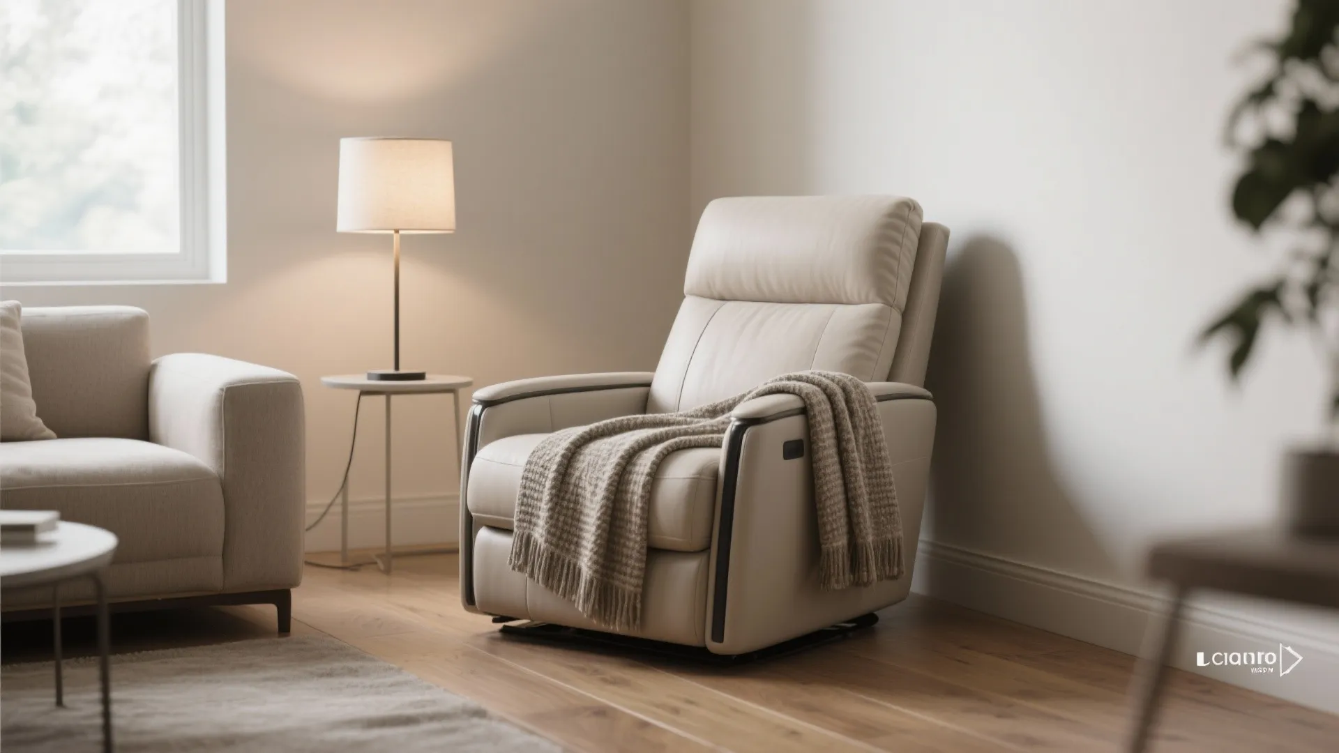 Modern cream leather sofa chair with a grey blanket standing near a table and lamp