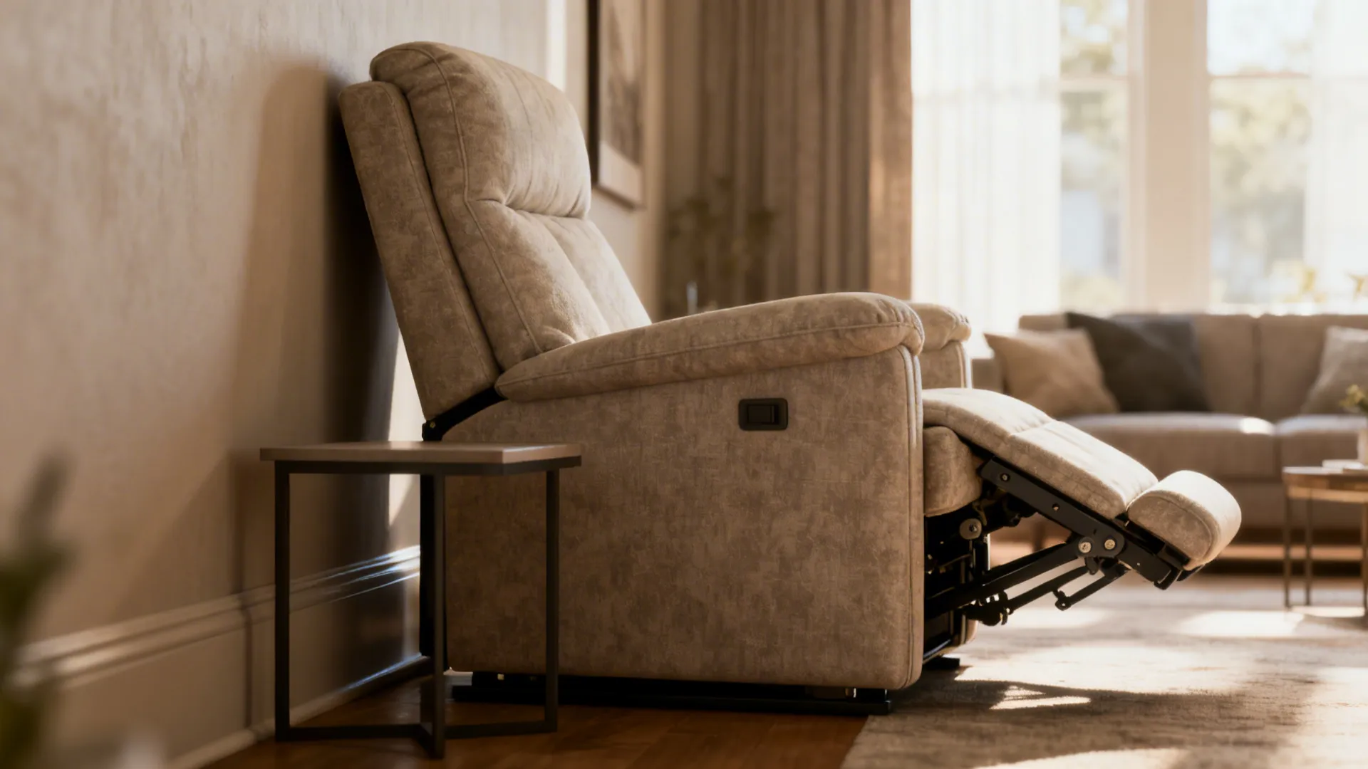 Slim profile wall-hugger recliner partially reclined in a narrow living room with minimal wall clearance.