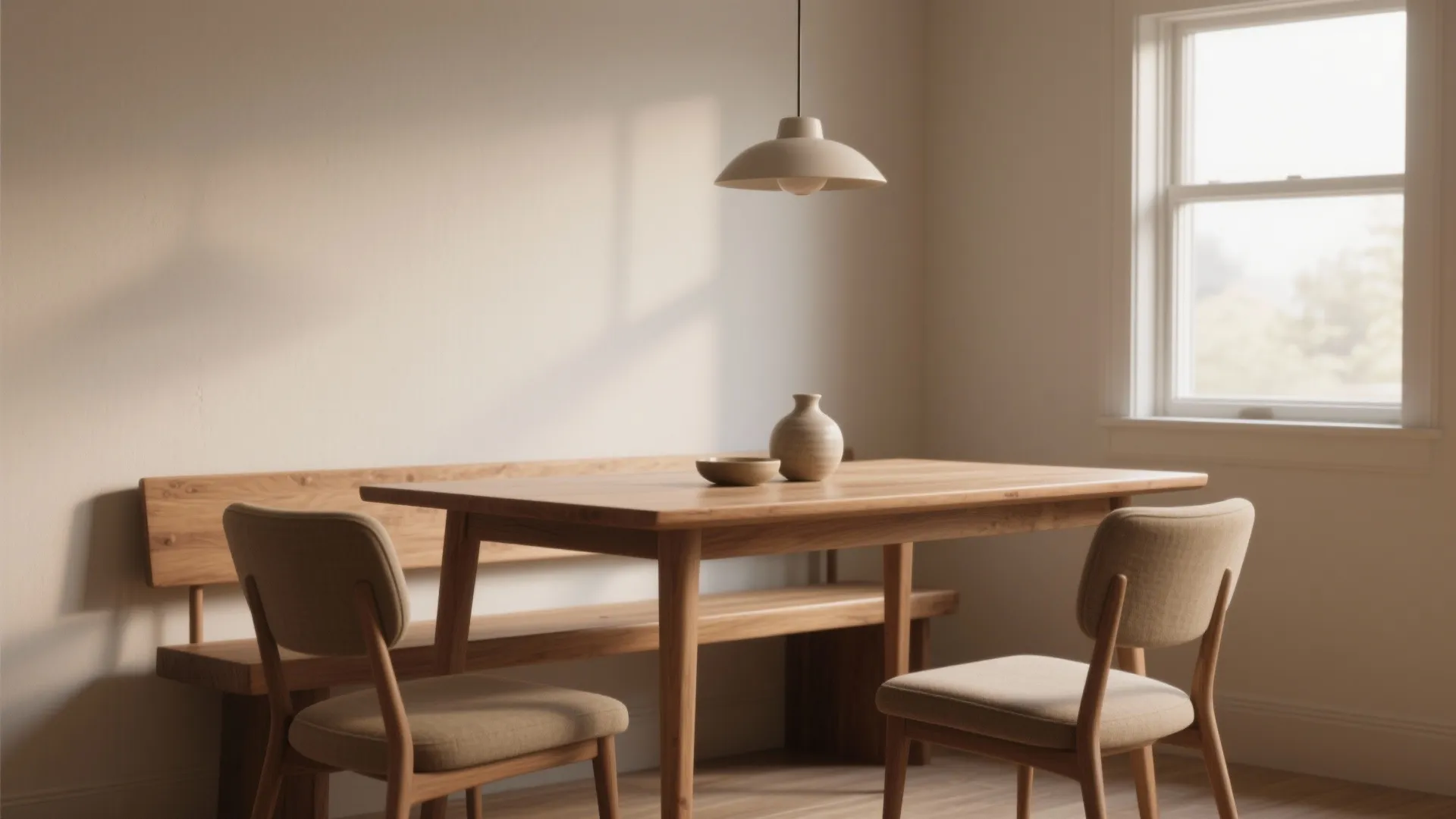 Rectangular wooden dining table with matching bench and two chairs under a beige ceiling light