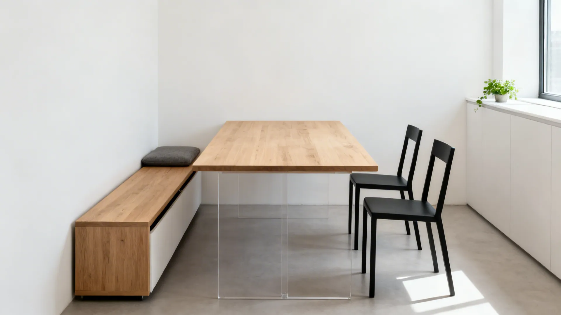 Slim rectangular table with a wall-side bench and three chairs leaving a wide aisle.