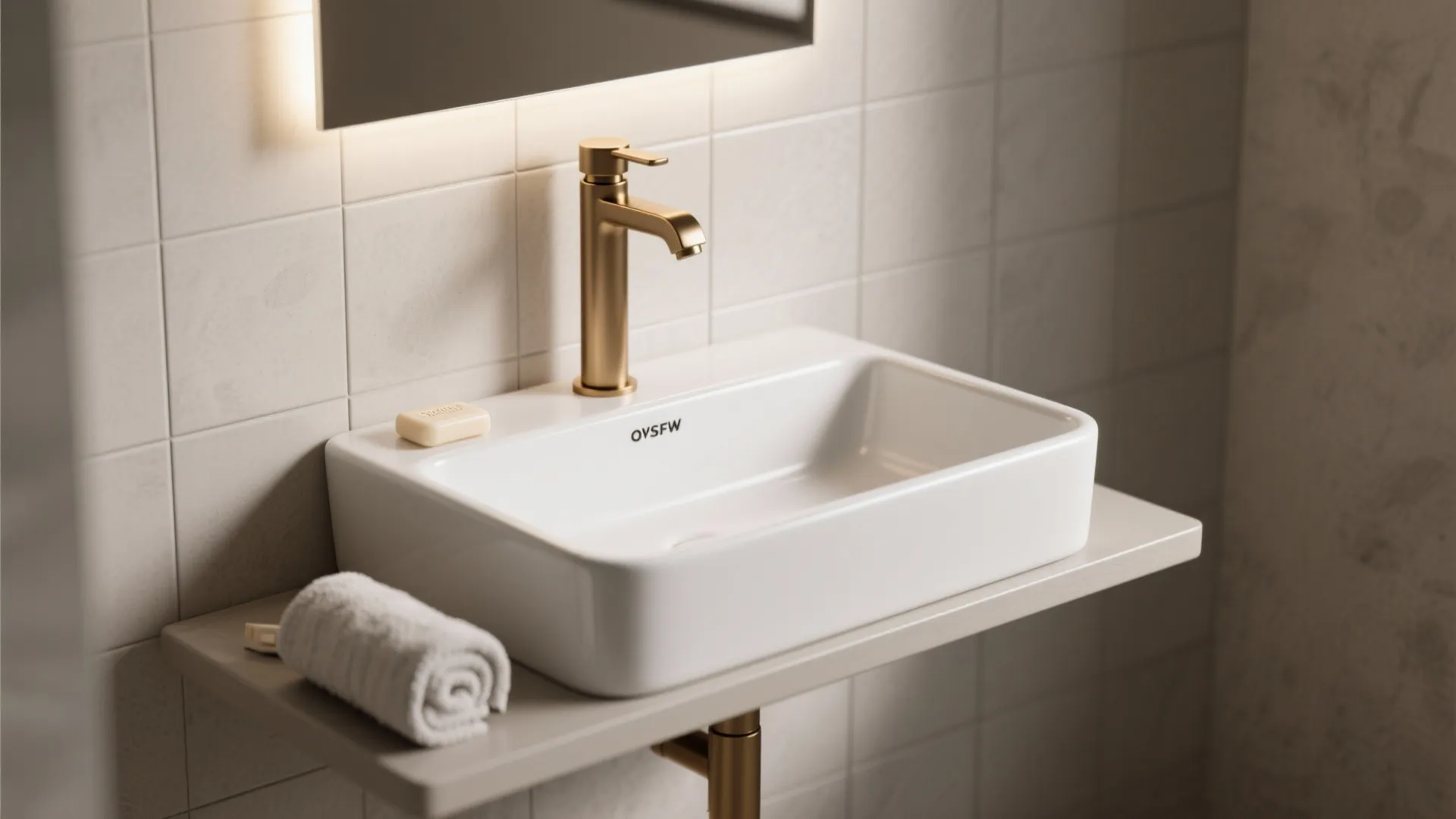 Rectangular white sink with gold faucet on slim shelf against a tiled white bathroom wall