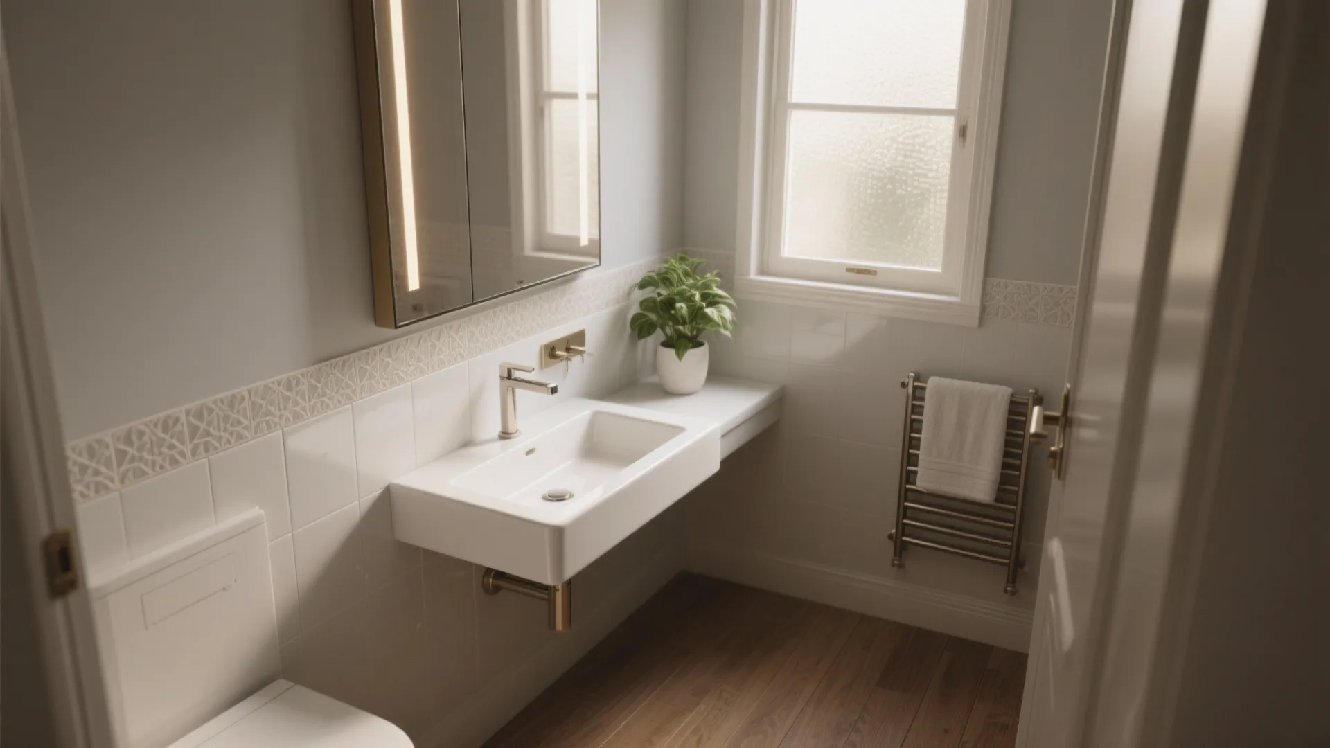 Modern bathroom with white wall mounted sink wooden floor mirror light and small green potted plant