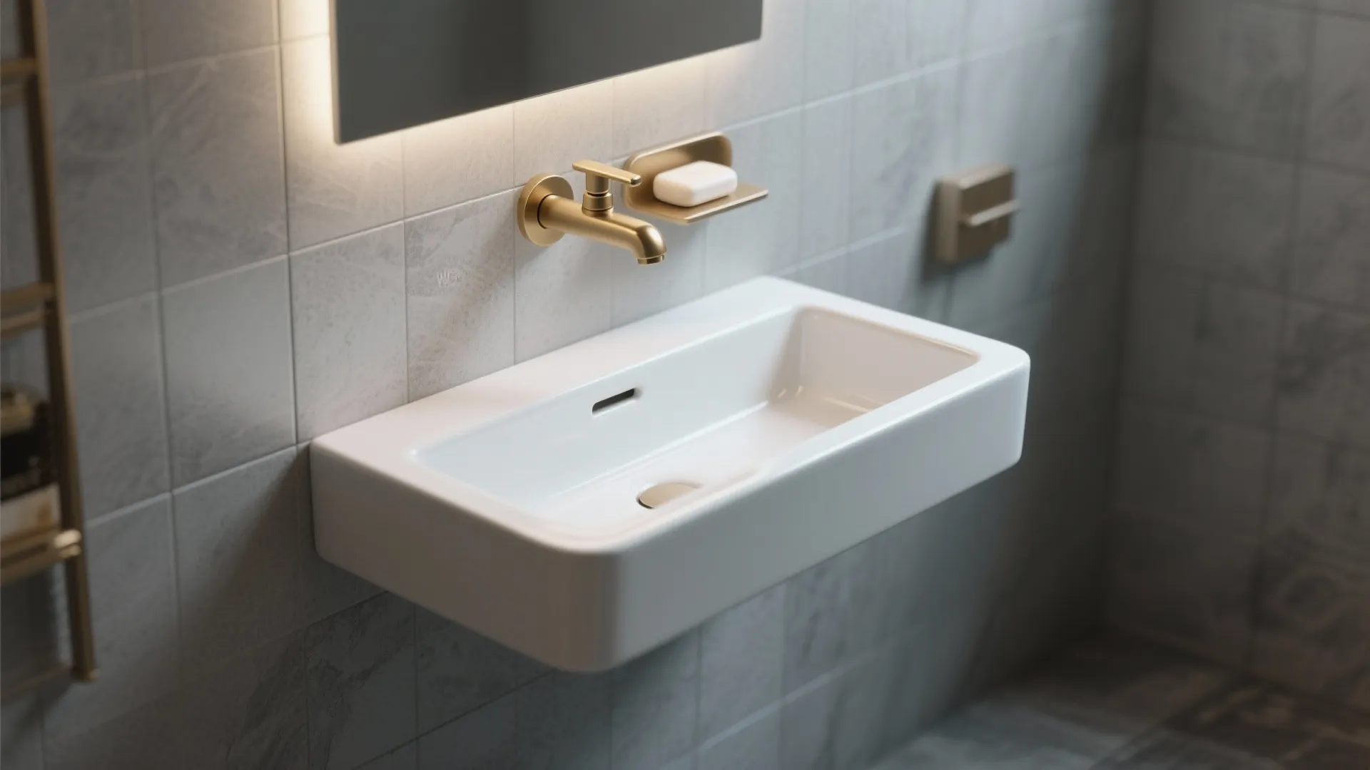 Modern white rectangular bathroom sink with gold wall faucet and grey tile wall in bathroom