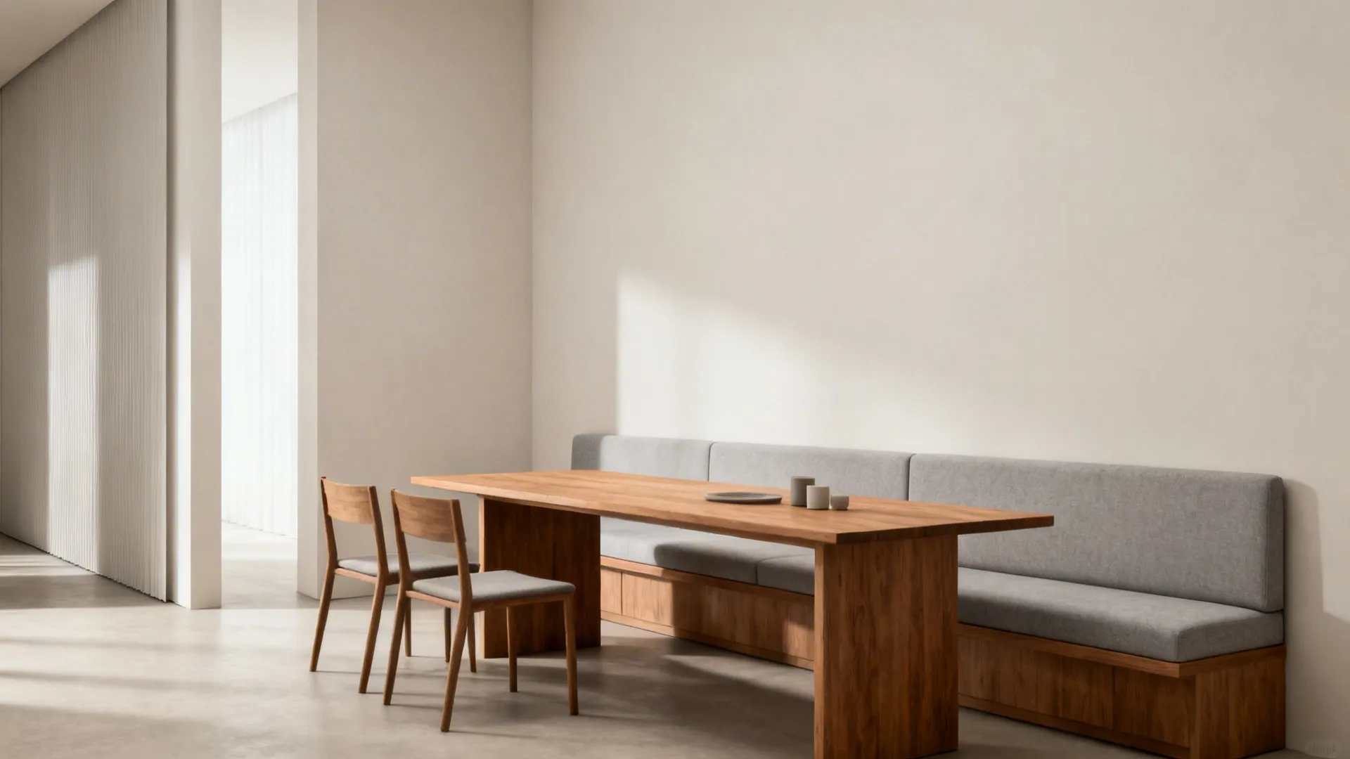 Slim rectangular dining table aligned with the sofa to save space and keep paths clear.