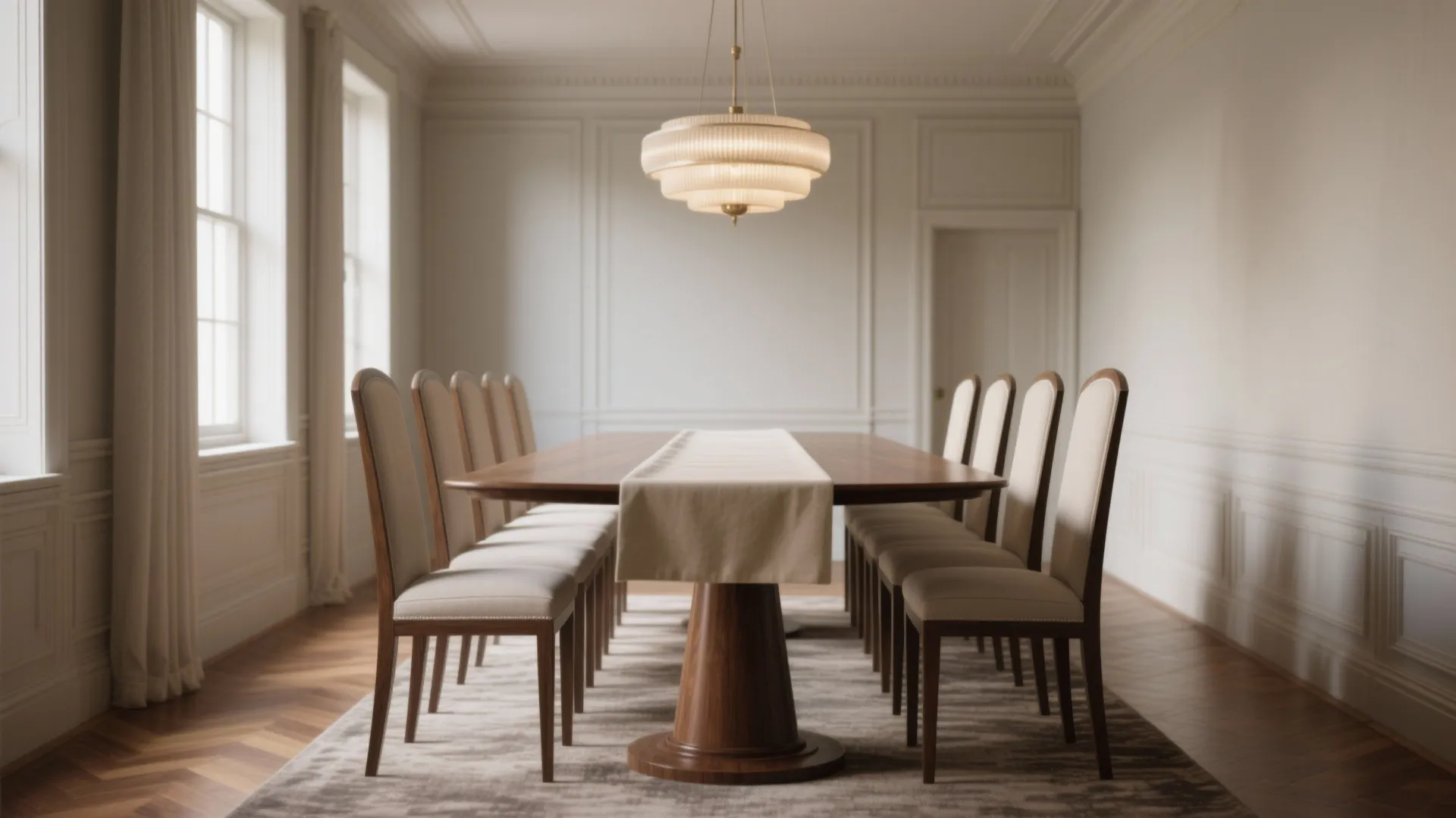 Long wooden dining table with beige chairs white wall panel tiered ceiling light and rug