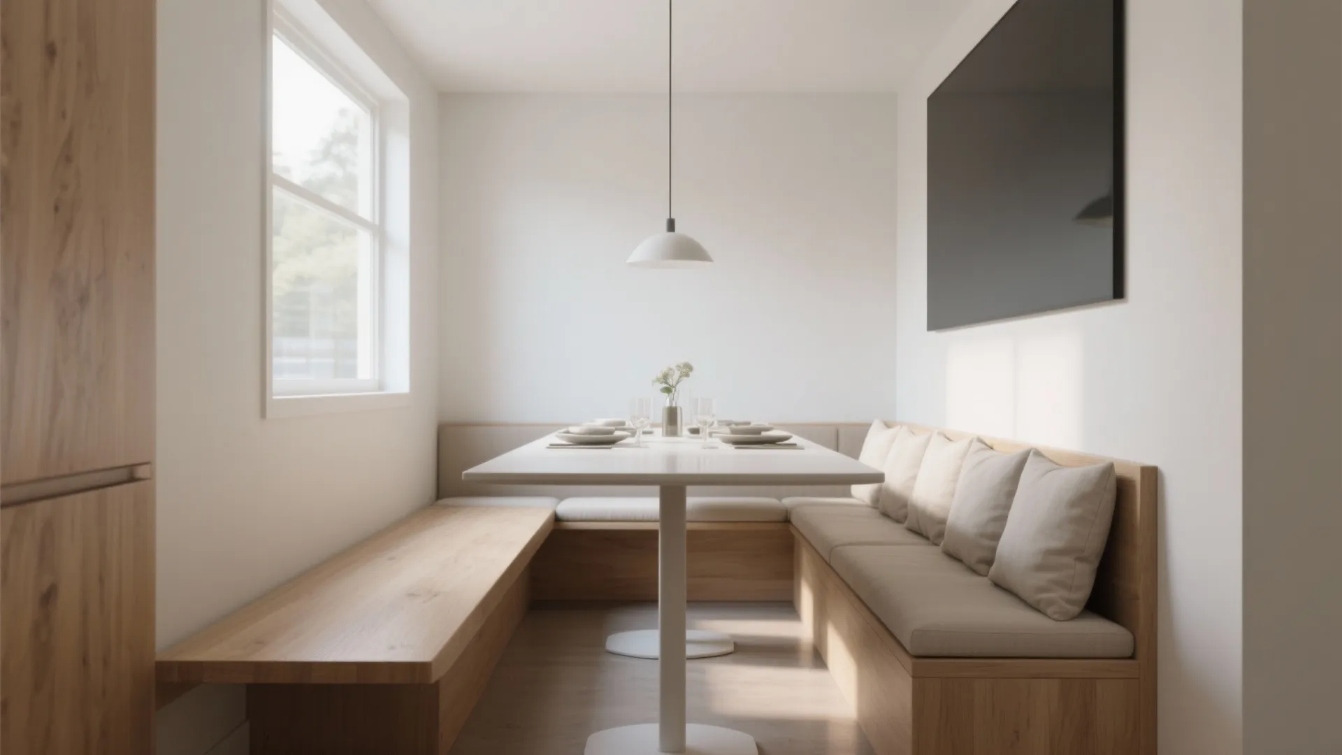 1. Slim-profile rectangular table with a tucked bench