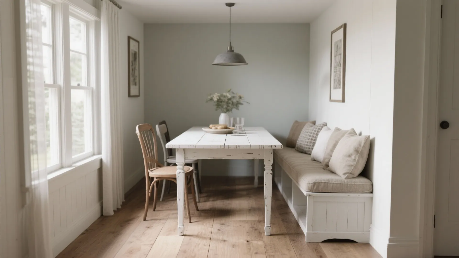 Long white wooden dining table with a bench and chairs in a bright simple room