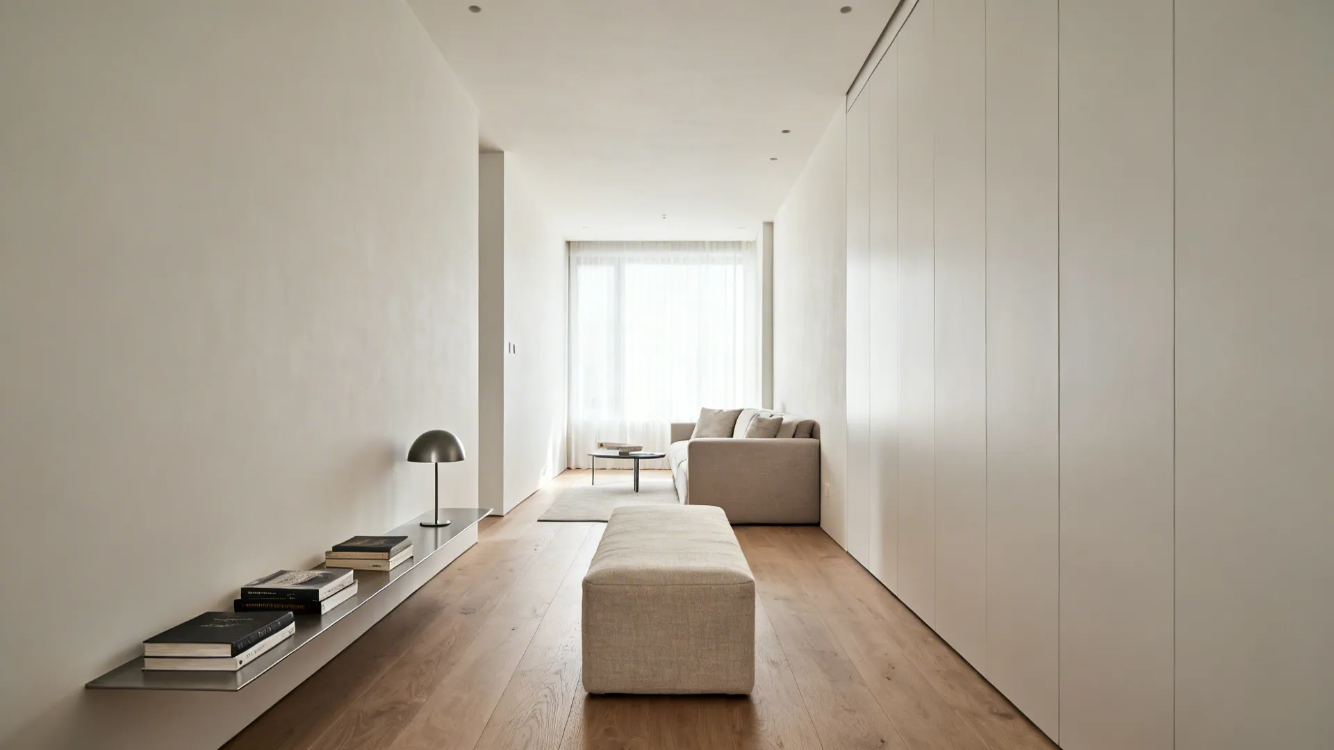 Slim rectangular ottoman used as a bench in a narrow living room to open circulation