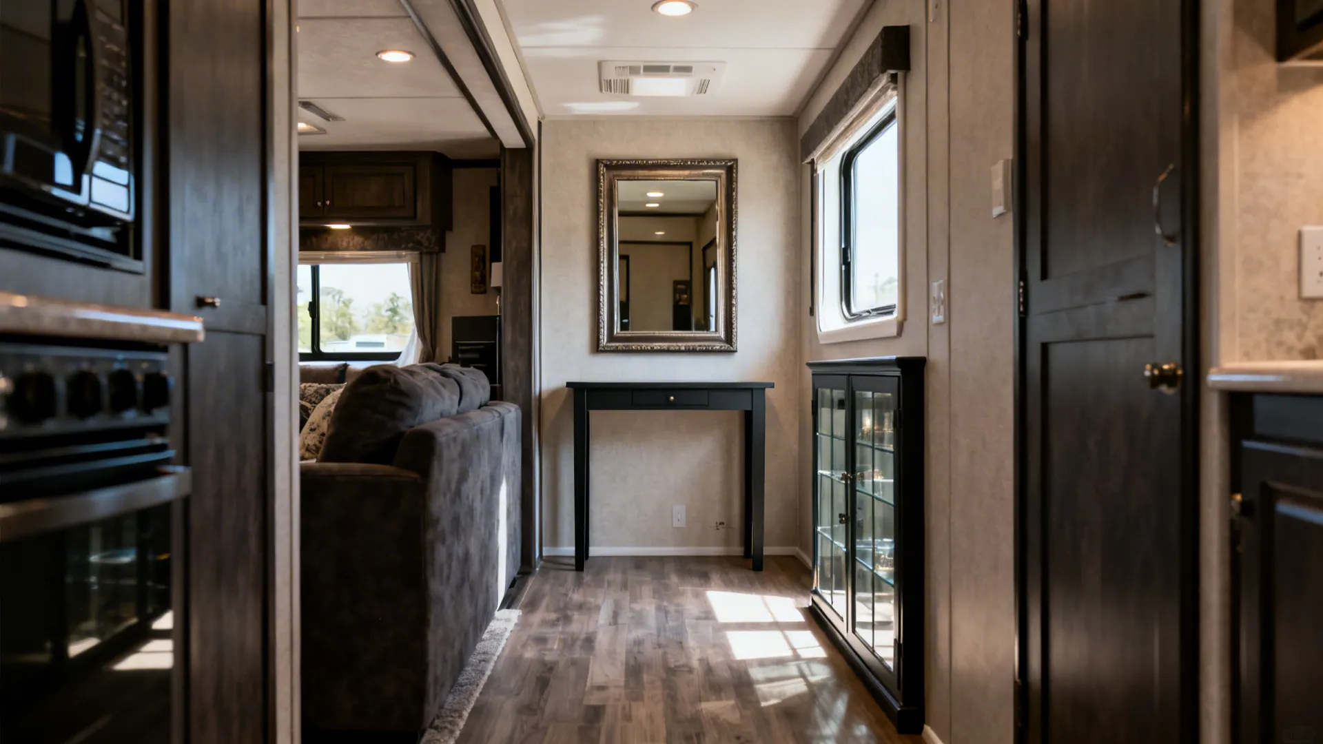 Before-and-after of a narrow living room transformed with a slim console and mirror to enhance light.