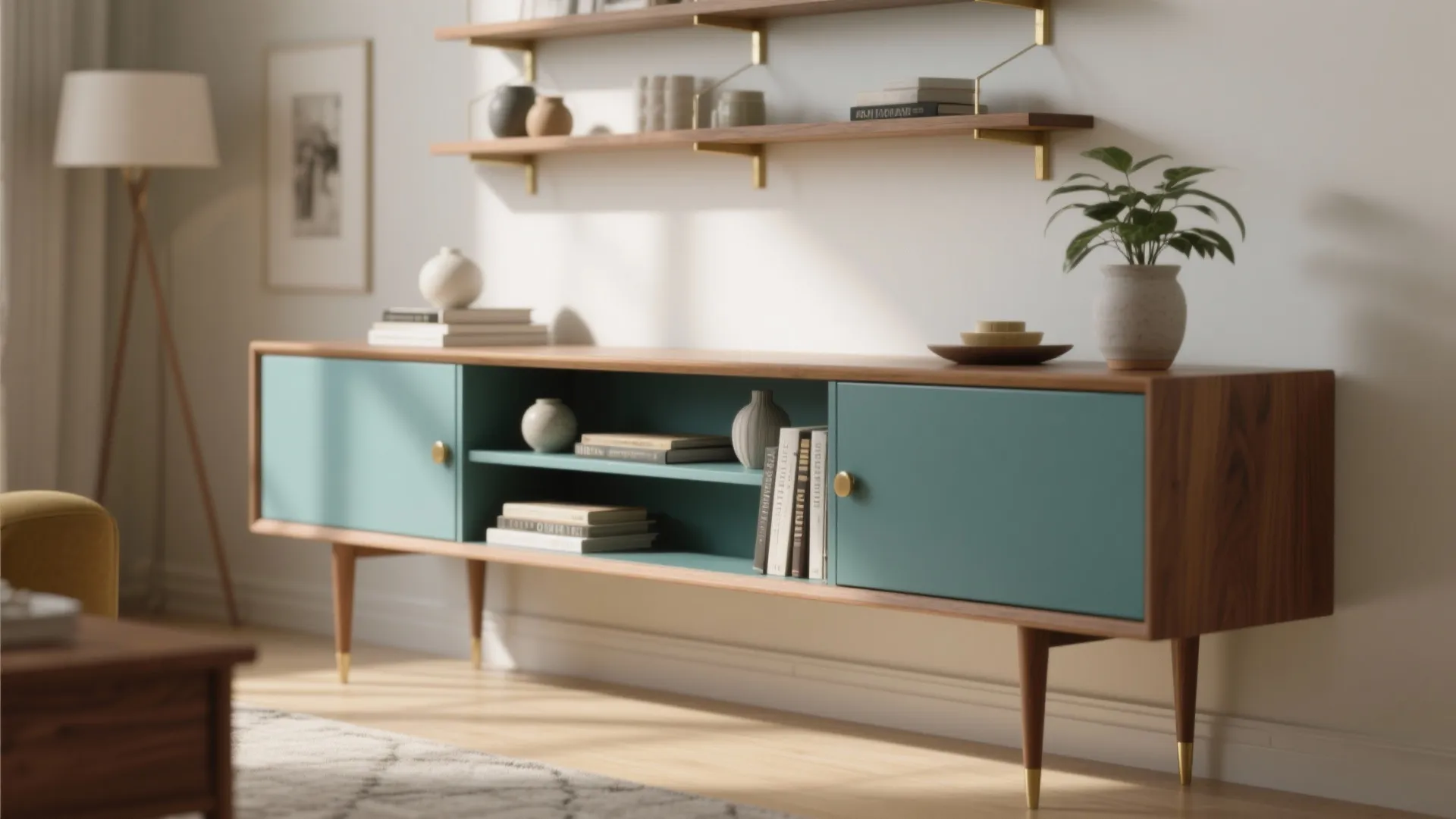 Slim Retro Sideboard with Open Shelves