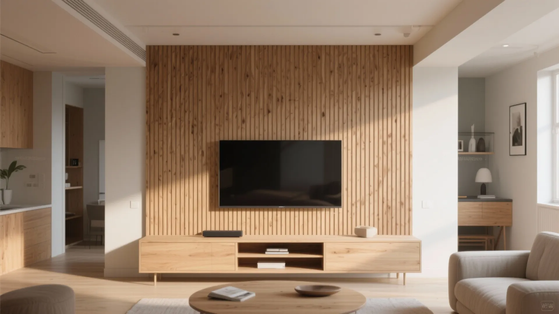 2. Slim ribbed wood panels for modern texture