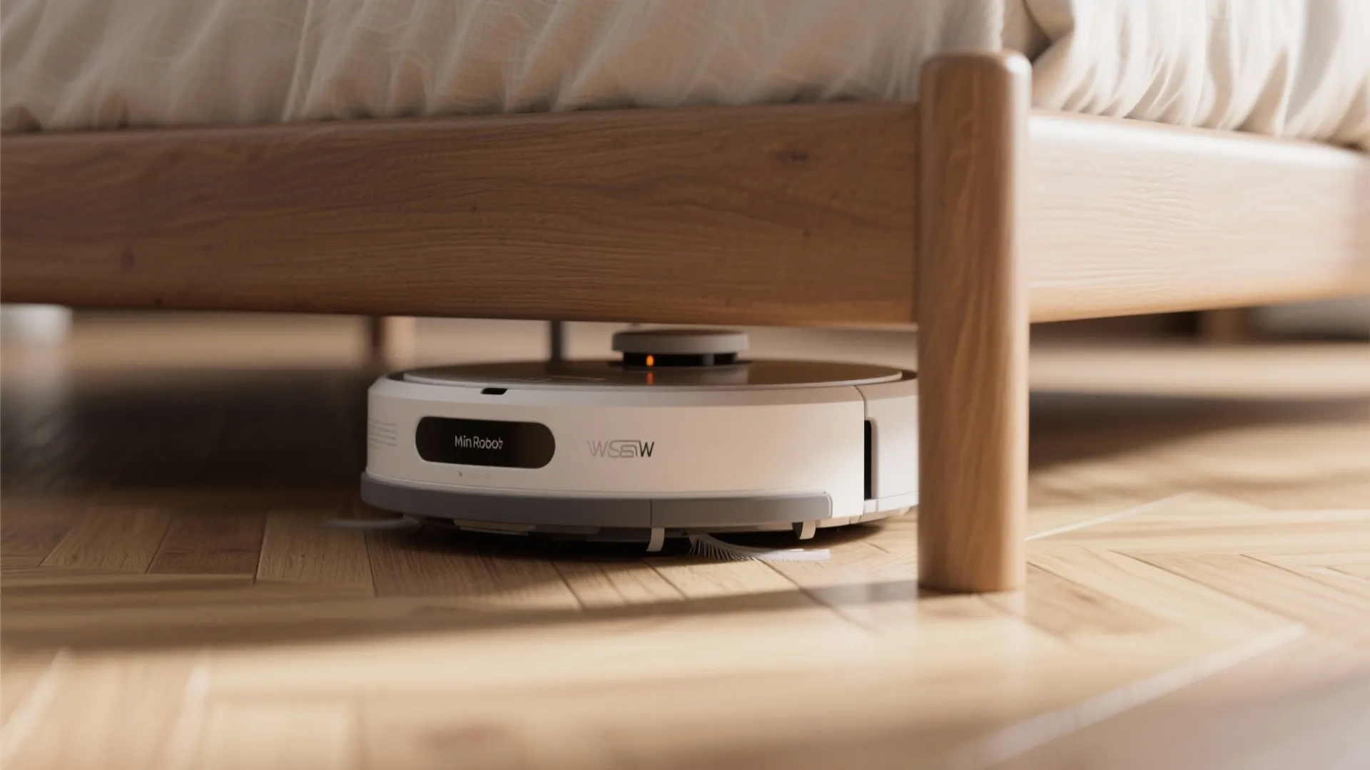 White robot vacuum cleaner moving under a wooden bed frame on light oak wood pattern flooring